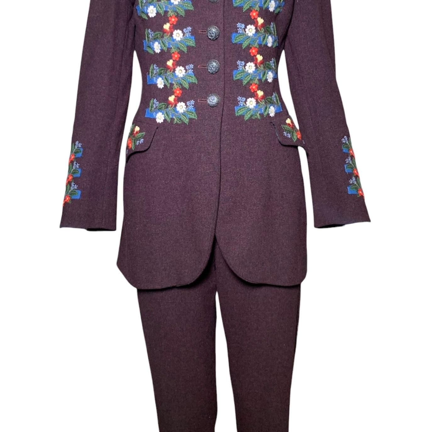 Moschino Couture Floral Embroidered Burgundy Wool Pants Suit