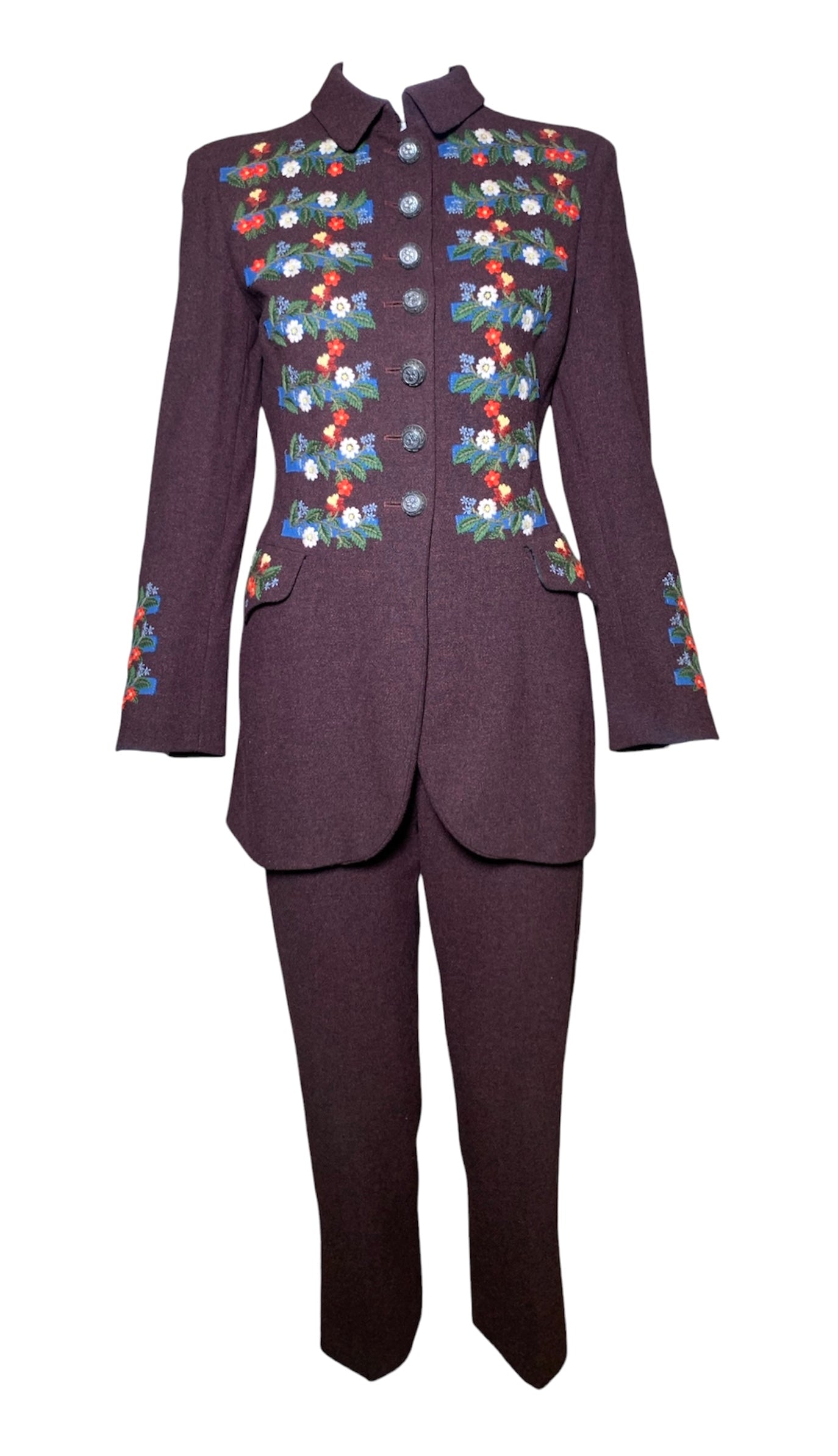 Moschino Couture Floral Embroidered Burgundy Wool Pants Suit