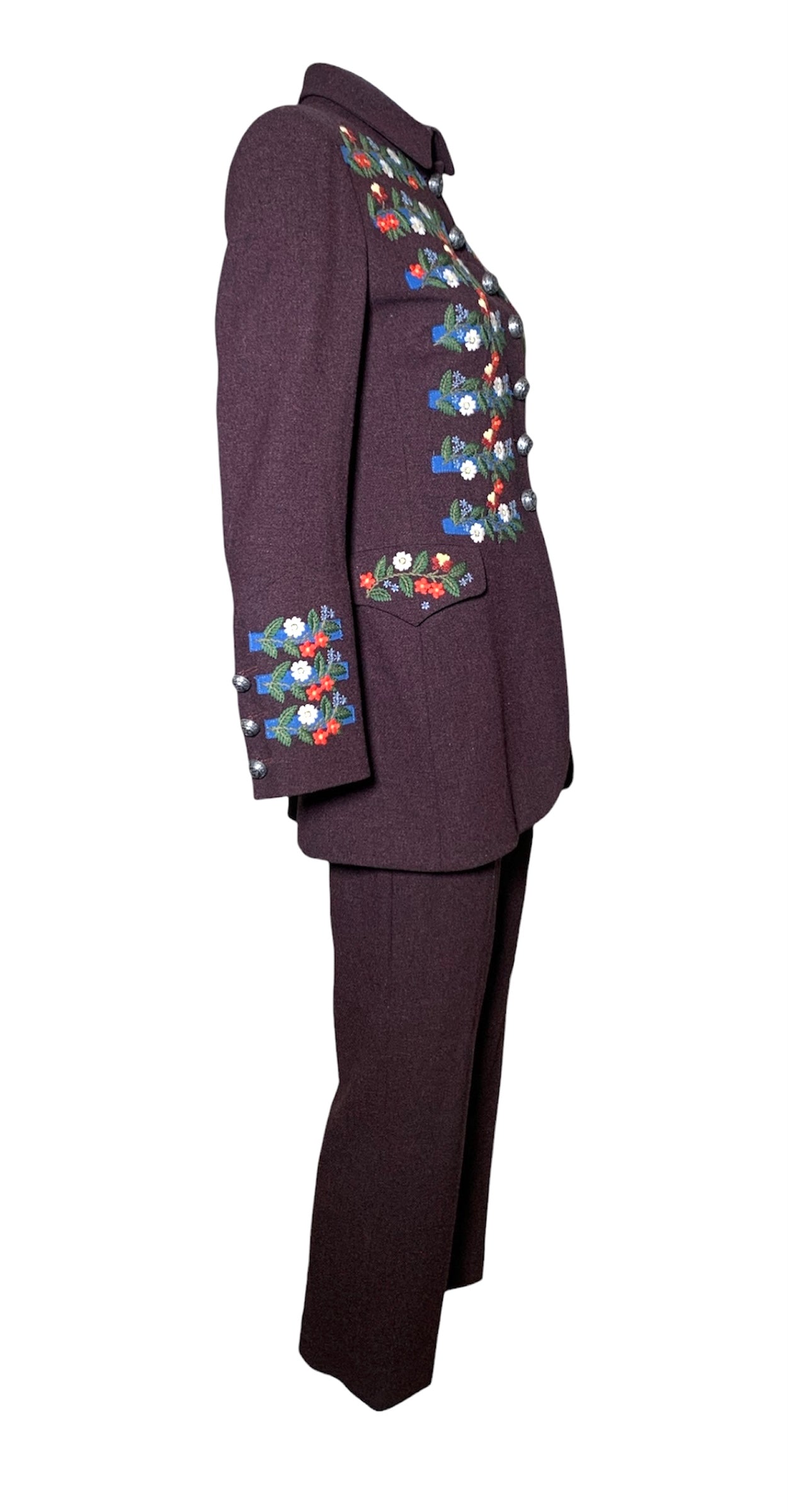 Moschino Couture Floral Embroidered Burgundy Wool Pants Suit, side