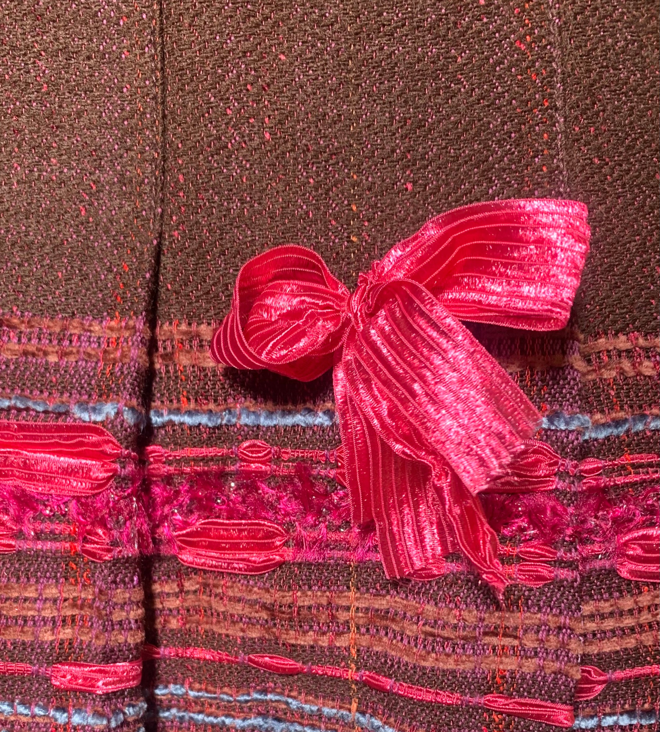 Anna Sui Fall 2004 Runway Burgundy Tweed and Pink Ribbon Bow Fringe NWT, detail 2