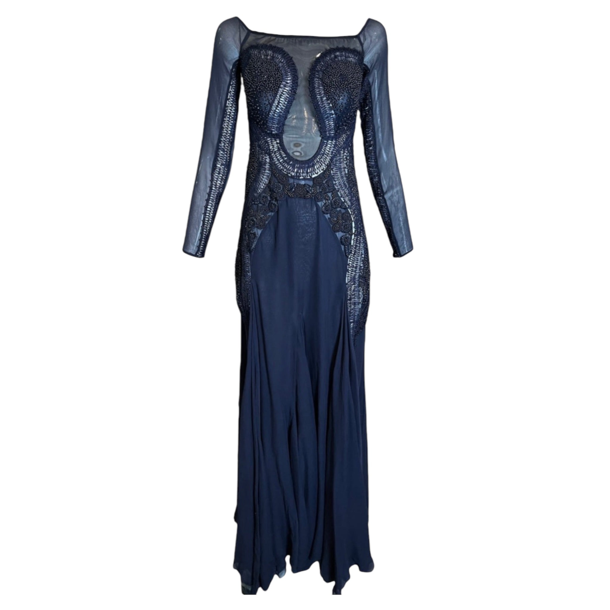 Roberto Cavalli 2000s Stunning Midnight Blue Sheer Mesh and Chiffon Heavily Embellished Long Sleeve Gown - The Way We Wore