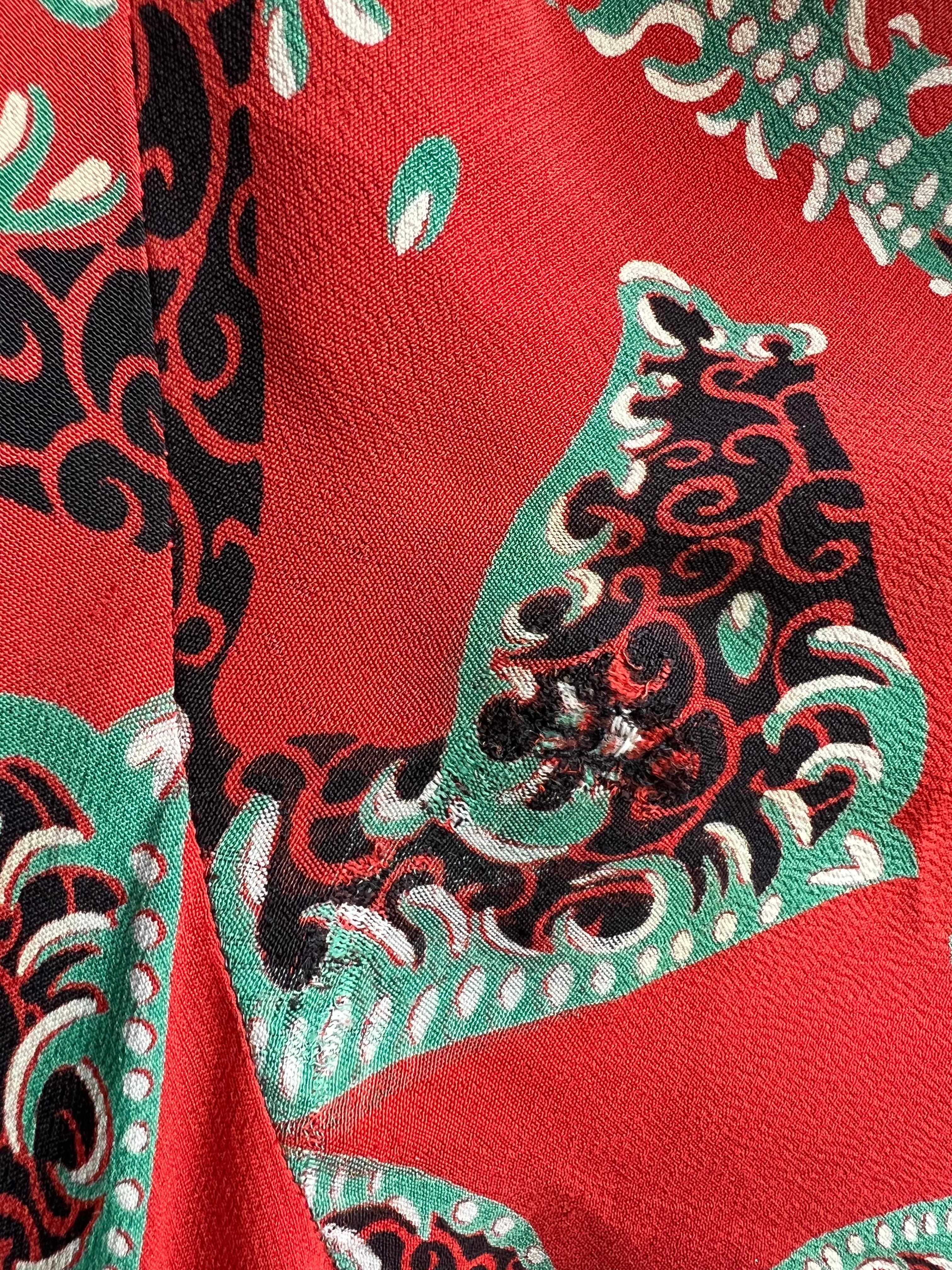 1940's Red Graphic Horse Head Printed Rayon Crepe Dress, mend