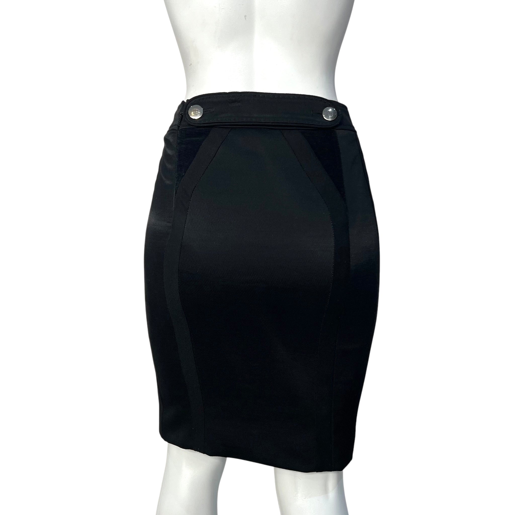 Gucci F/W 2007 Black Faille Pinup Pencil Skirt with Cord and Button Tab Detail, back