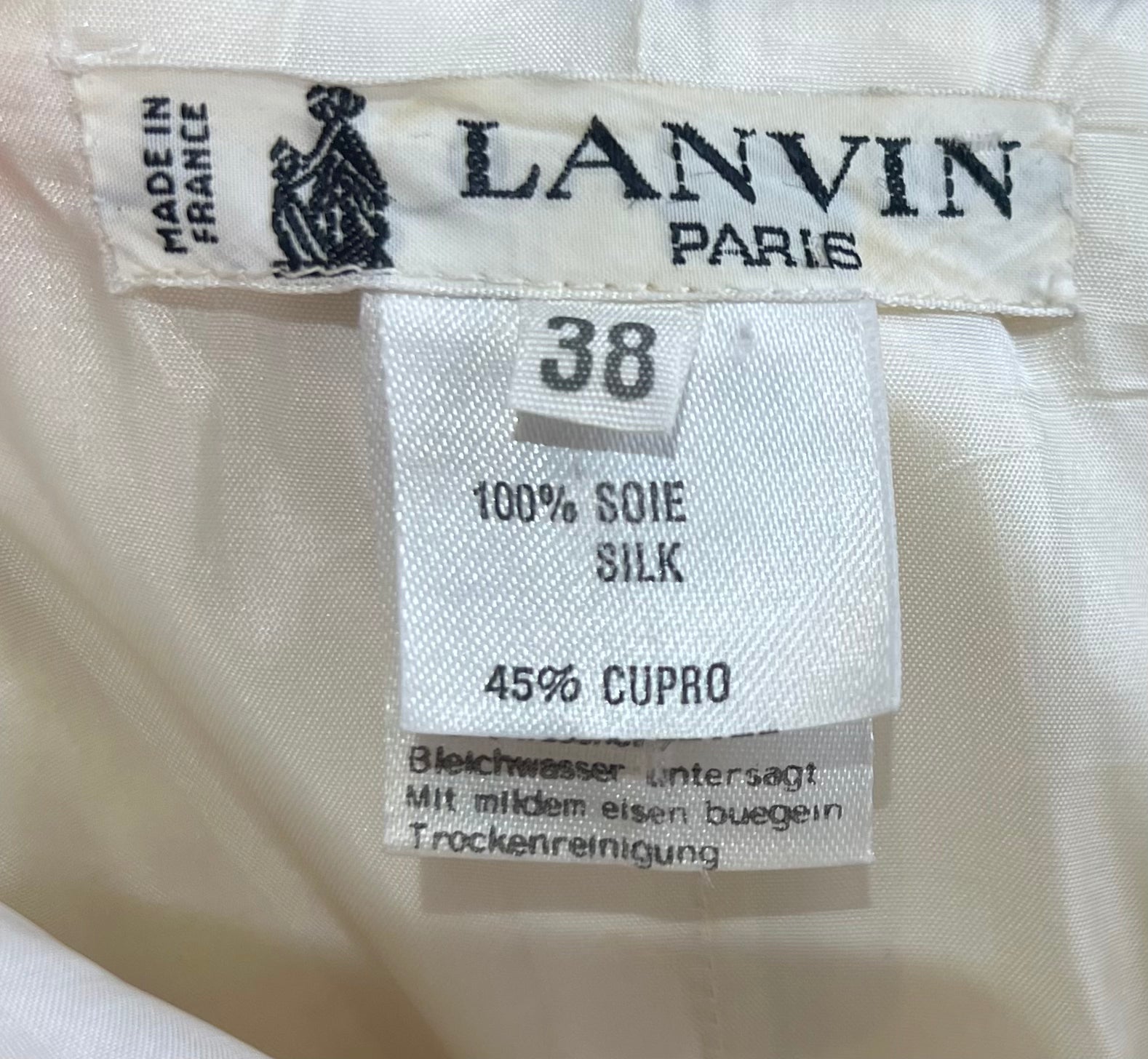 Lanvin 1980's Ivory Pleated Silk Jacquard Strapless Mini Dress, label
