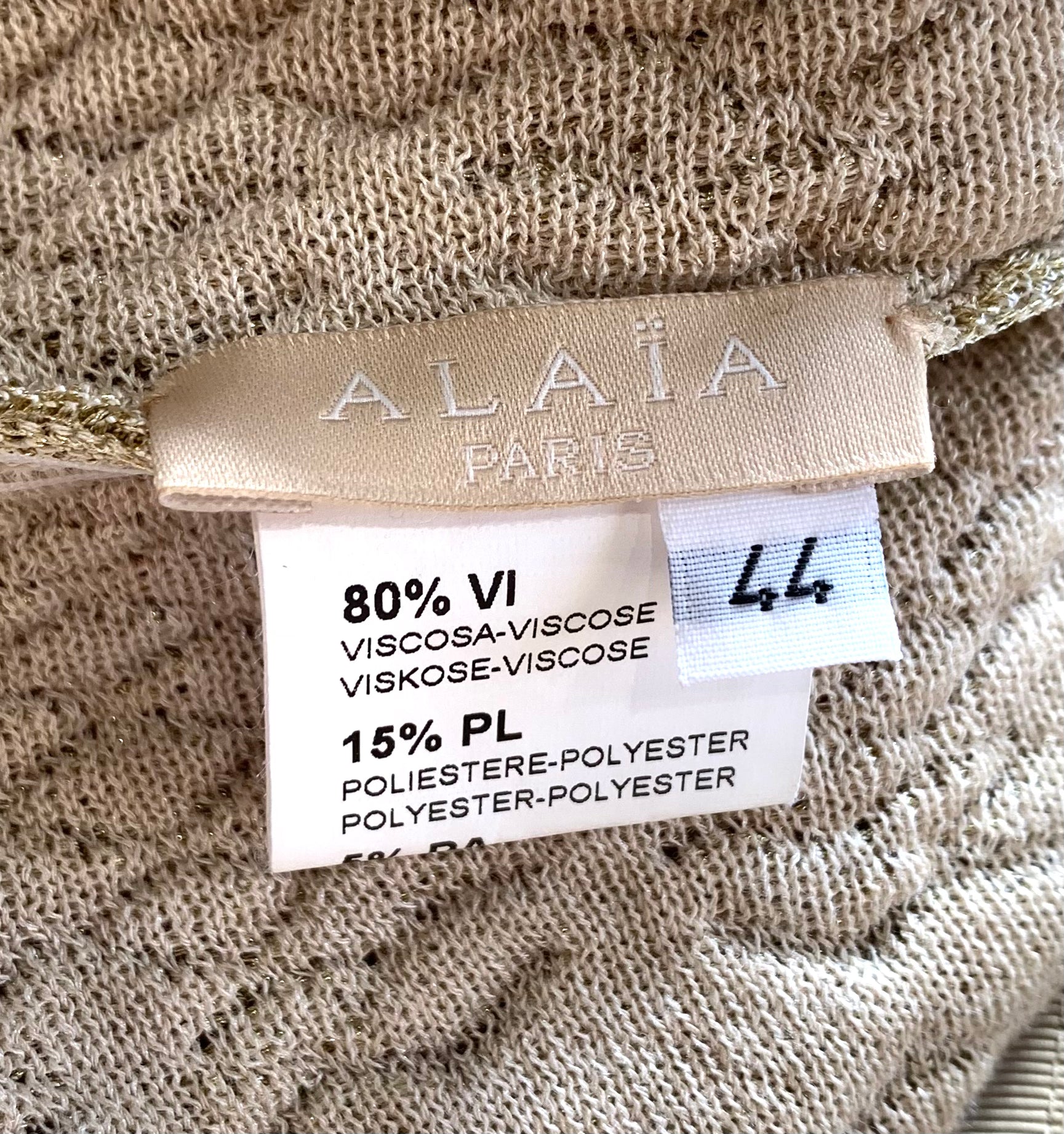 Alaia Gold Knit Lurex Flare Skirt, label