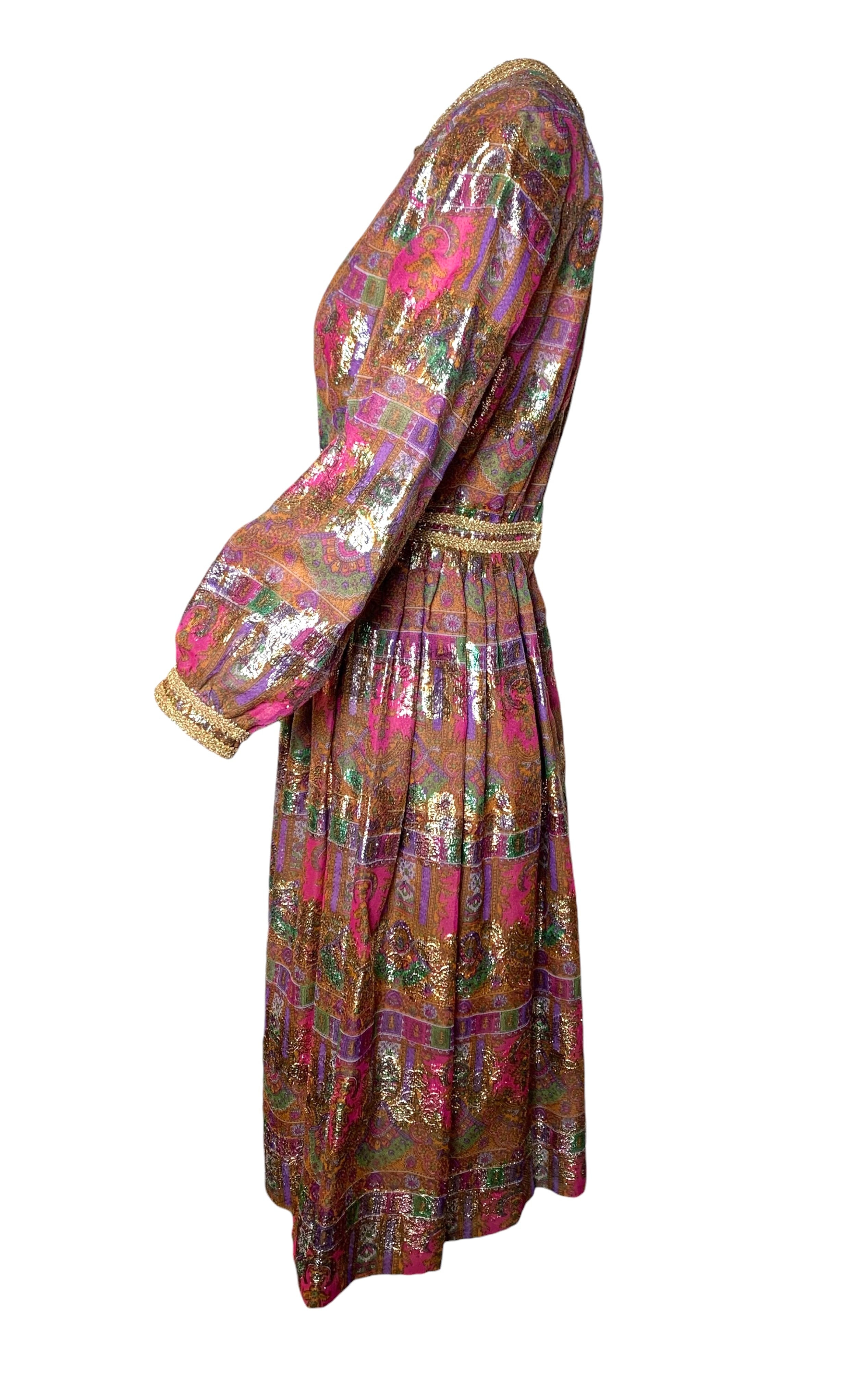 1960's Pink Paisley and Gold Jacquard Lamé Cocktail Dress, side