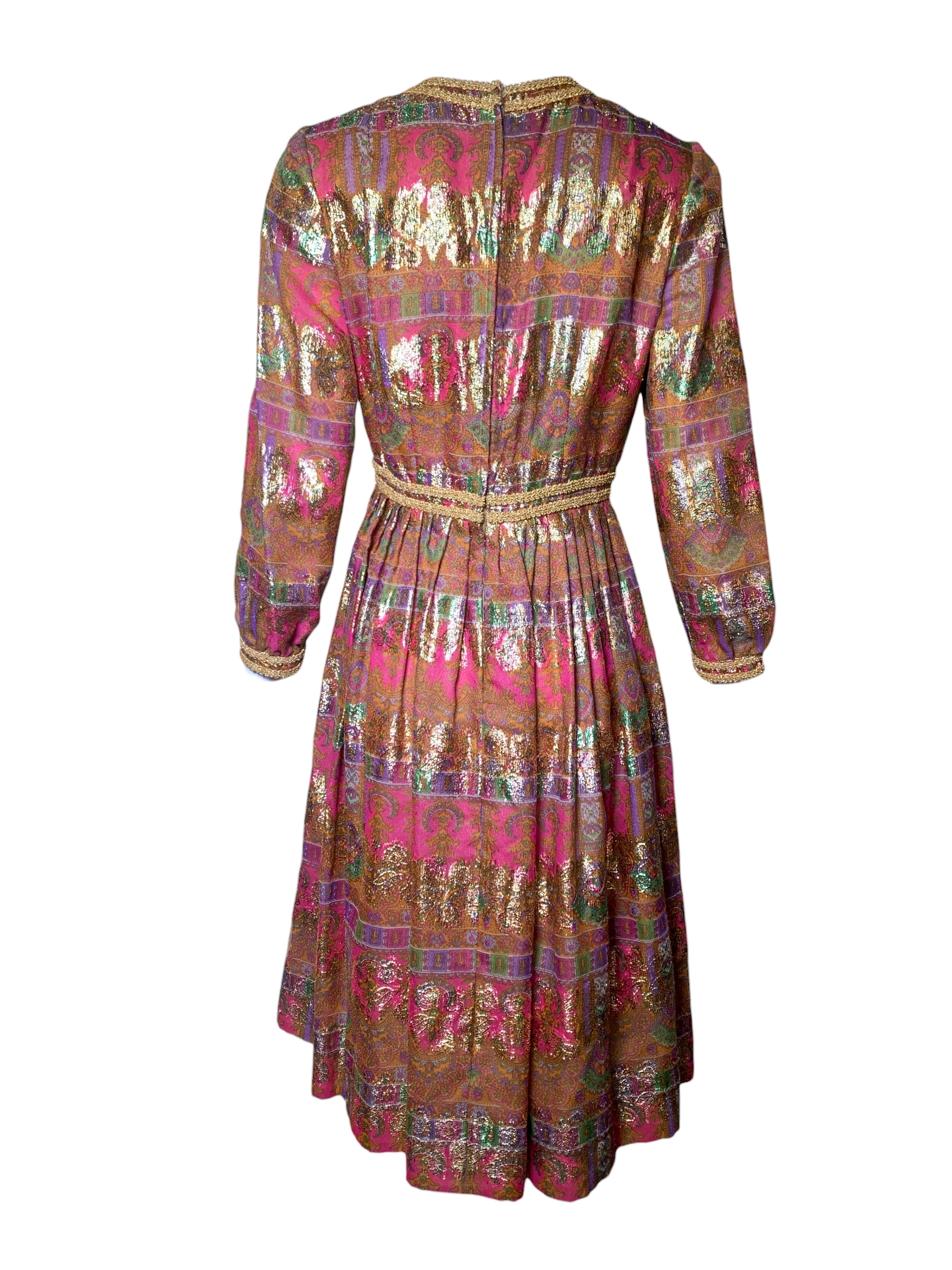 1960's Pink Paisley and Gold Jacquard Lamé Cocktail Dress, back