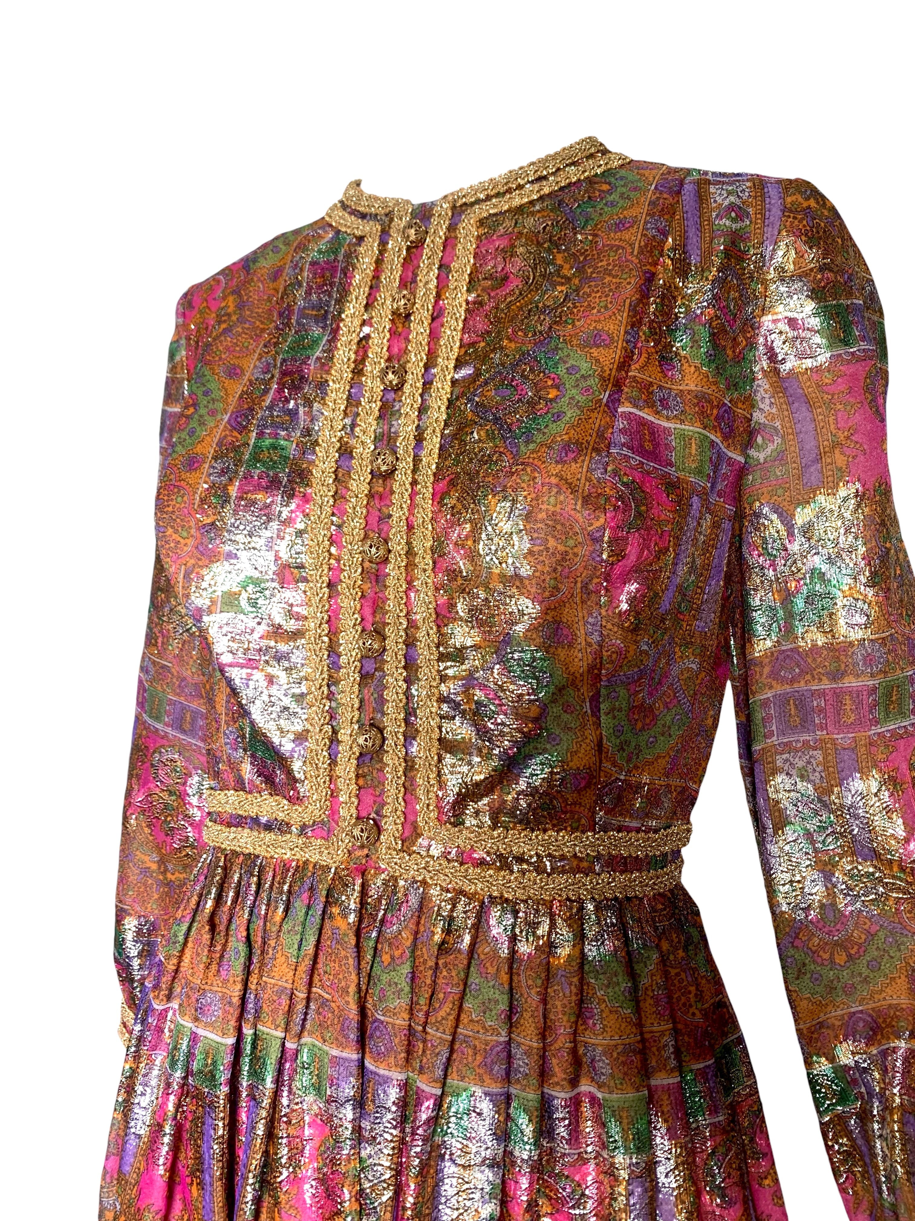 1960's Pink Paisley and Gold Jacquard Lamé Cocktail Dress, bodice