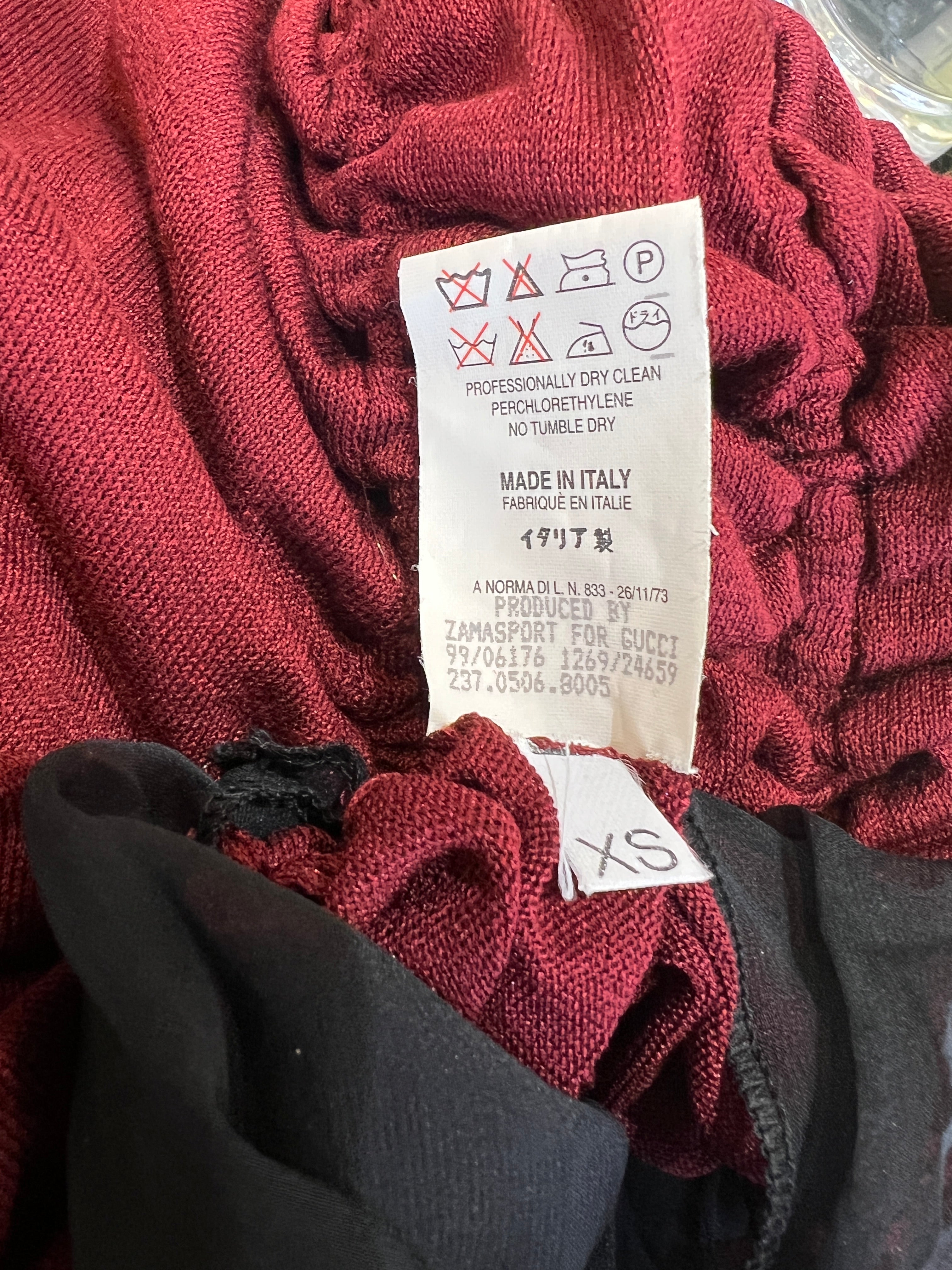 Tom Ford for Gucci F/W 1999 Burgundy Silk Jersey Ruched Skirt, tag 2