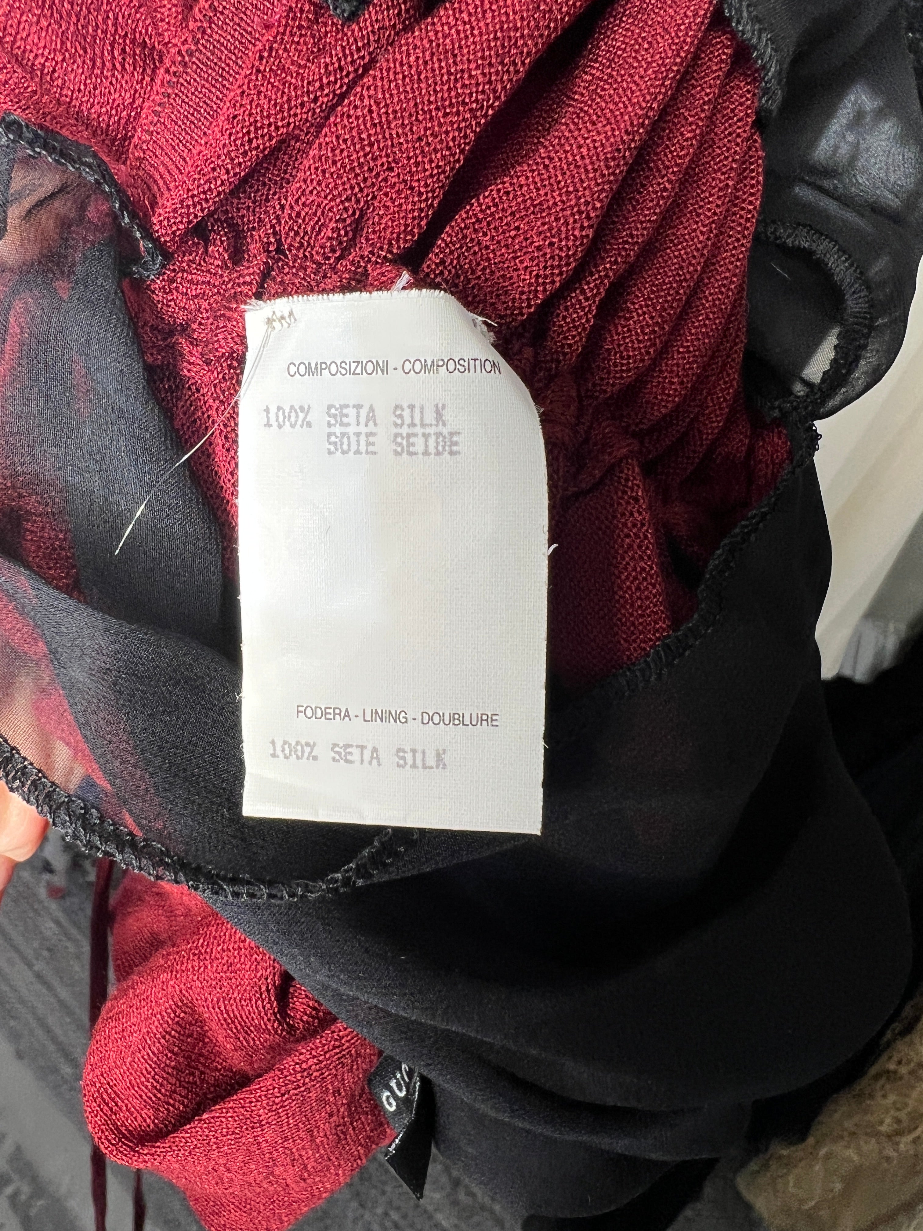 Tom Ford for Gucci F/W 1999 Burgundy Silk Jersey Ruched Skirt, tag