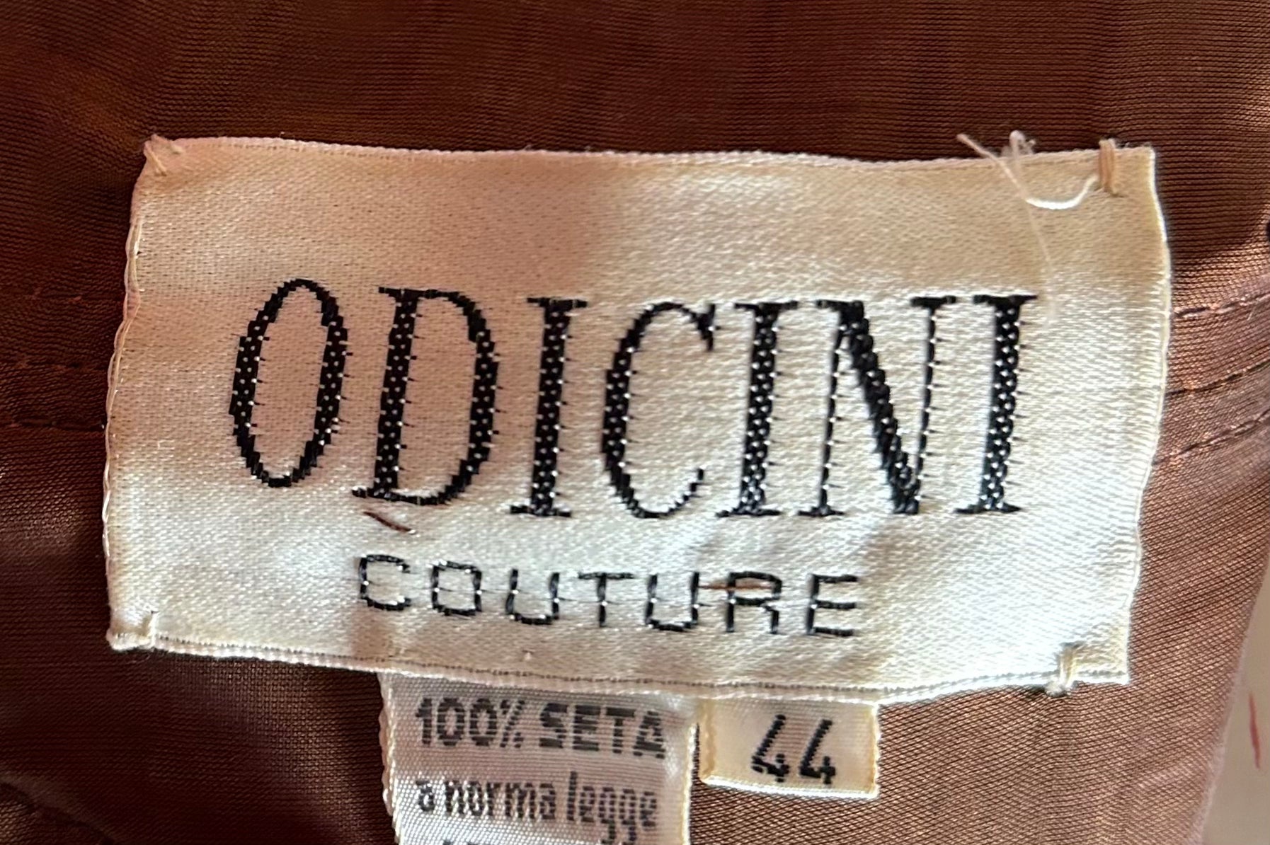 Odicini Couture Glowing Brown Strapless Silk Gown with Beaded Accents LABEL PHOTO 7 OF 7