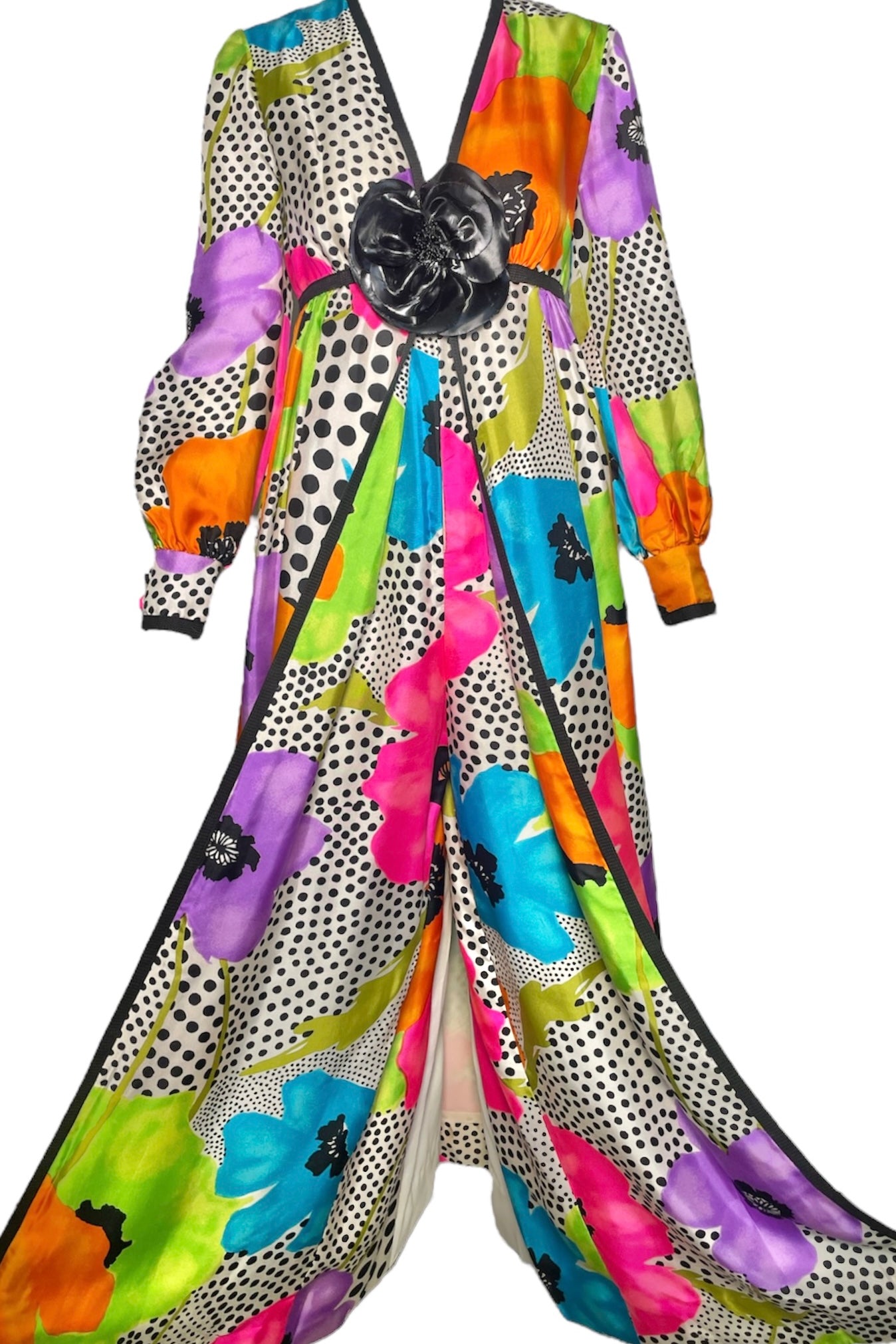 Teal Traina Psychedelic Floral Longsleeve Jumpsuit w/ Front Curtain FRONT PHOTO OPEN CURTAIN 2 OF 8