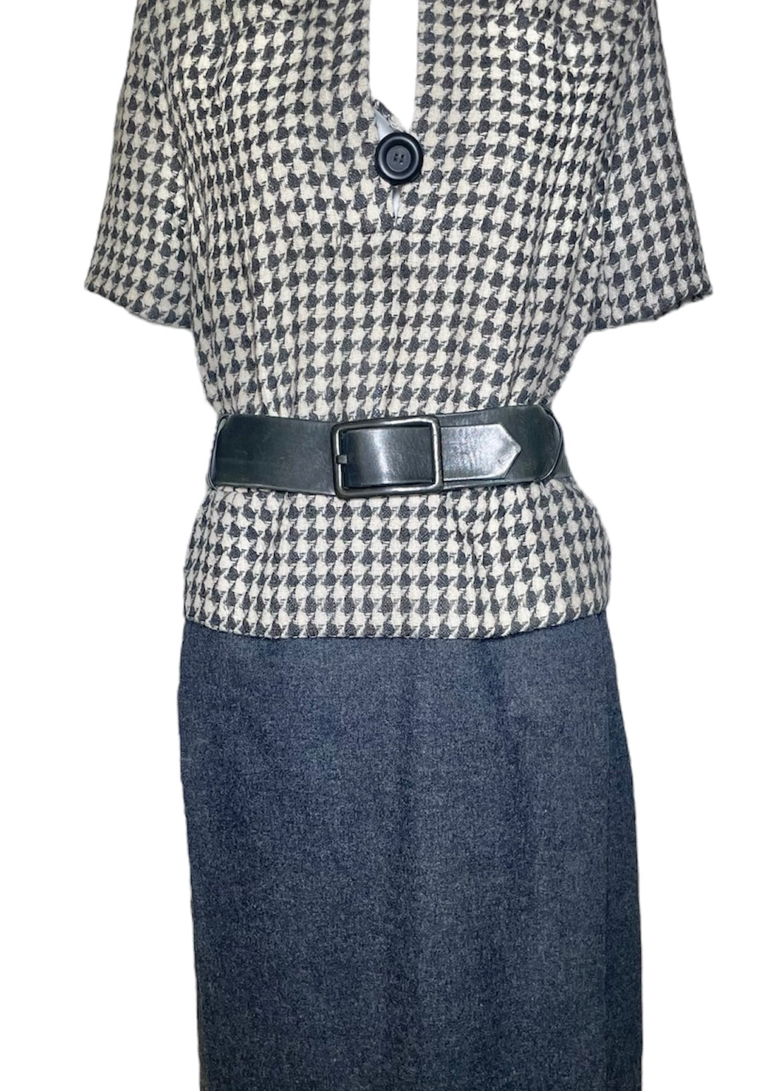 Christian Dior by Marc Bohan S/S 1962 Haute Couture Houndstooth Wool Dress with Belt FRONT PHOTO 1 OF 8