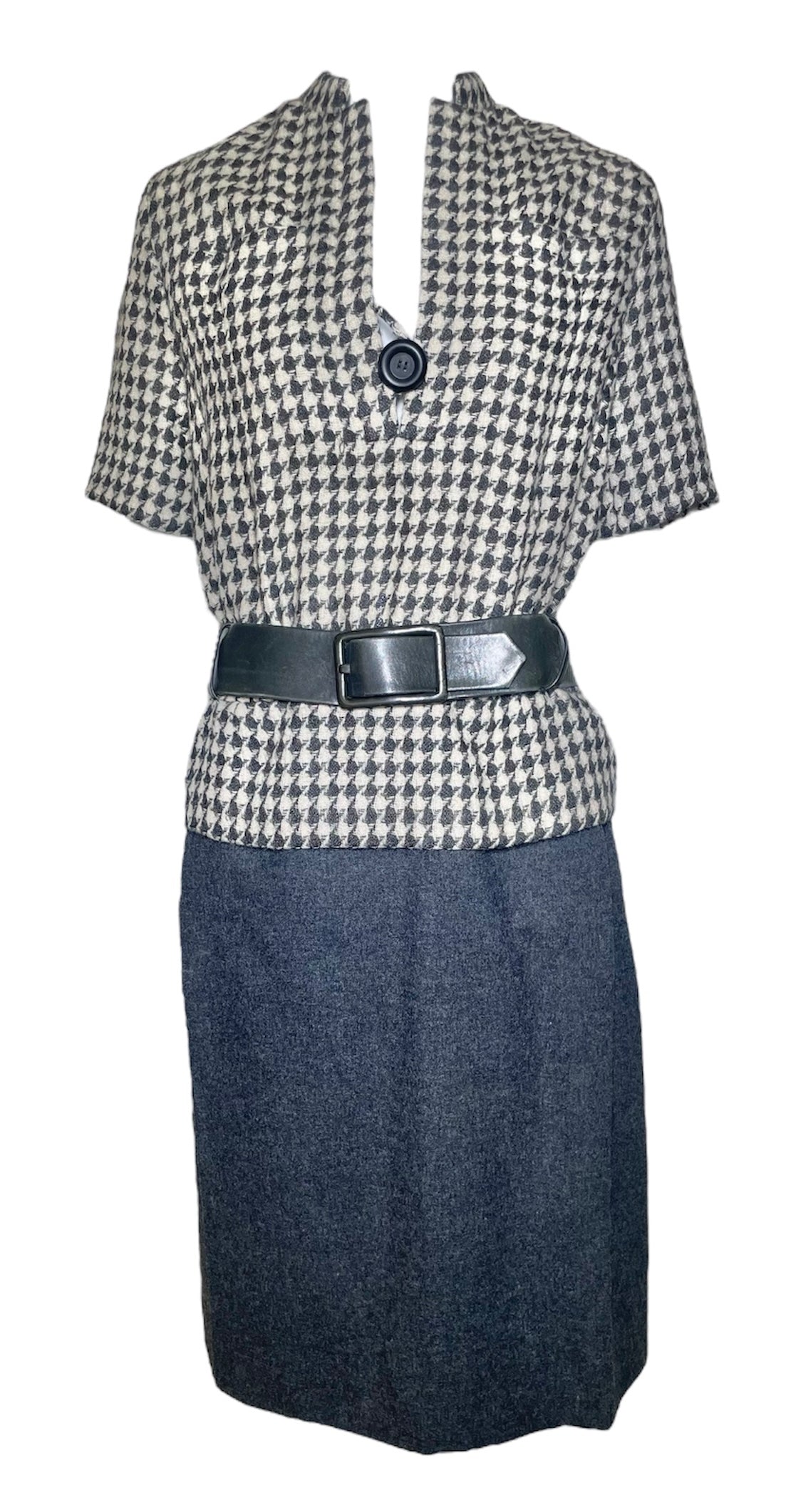 Christian Dior by Marc Bohan S/S 1962 Haute Couture Houndstooth Wool Dress with Belt FRONT PHOTO 1 OF 8