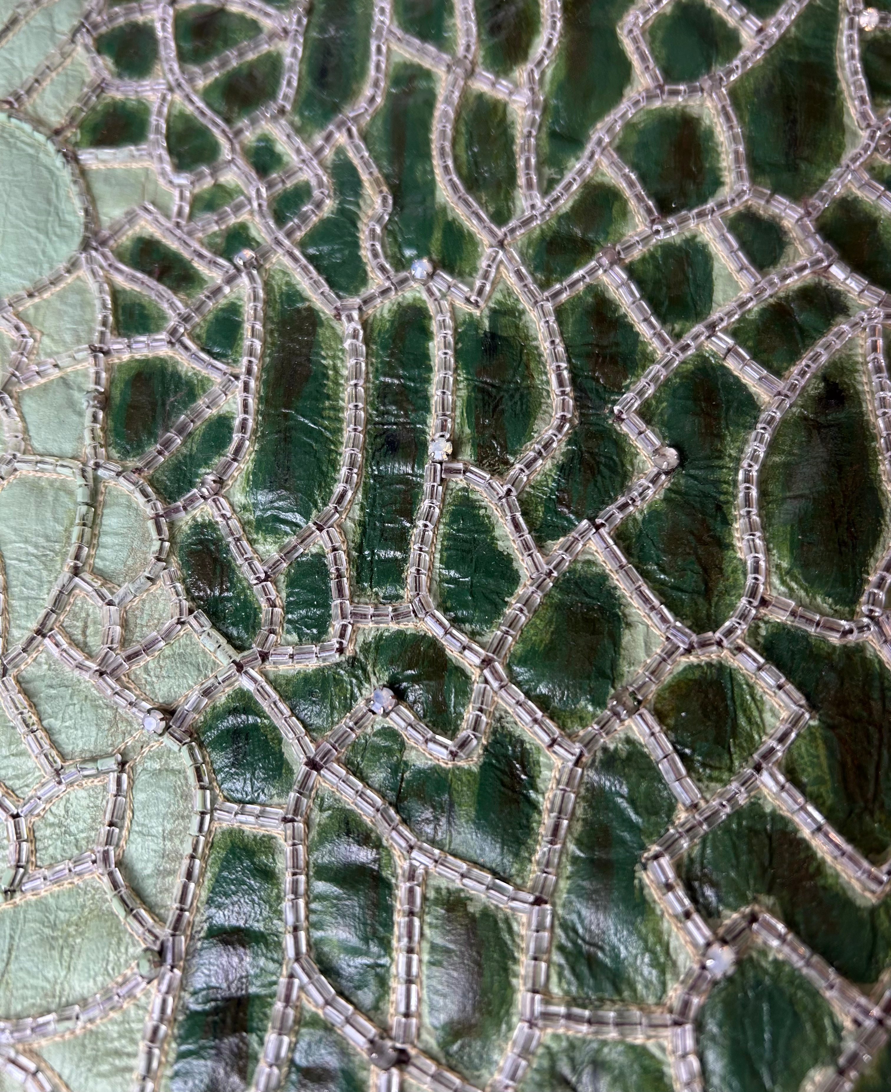 Lorena Sarbu Green Leather and Silk Beaded Mini Dress DETAIL PHOTO 5 OF 6