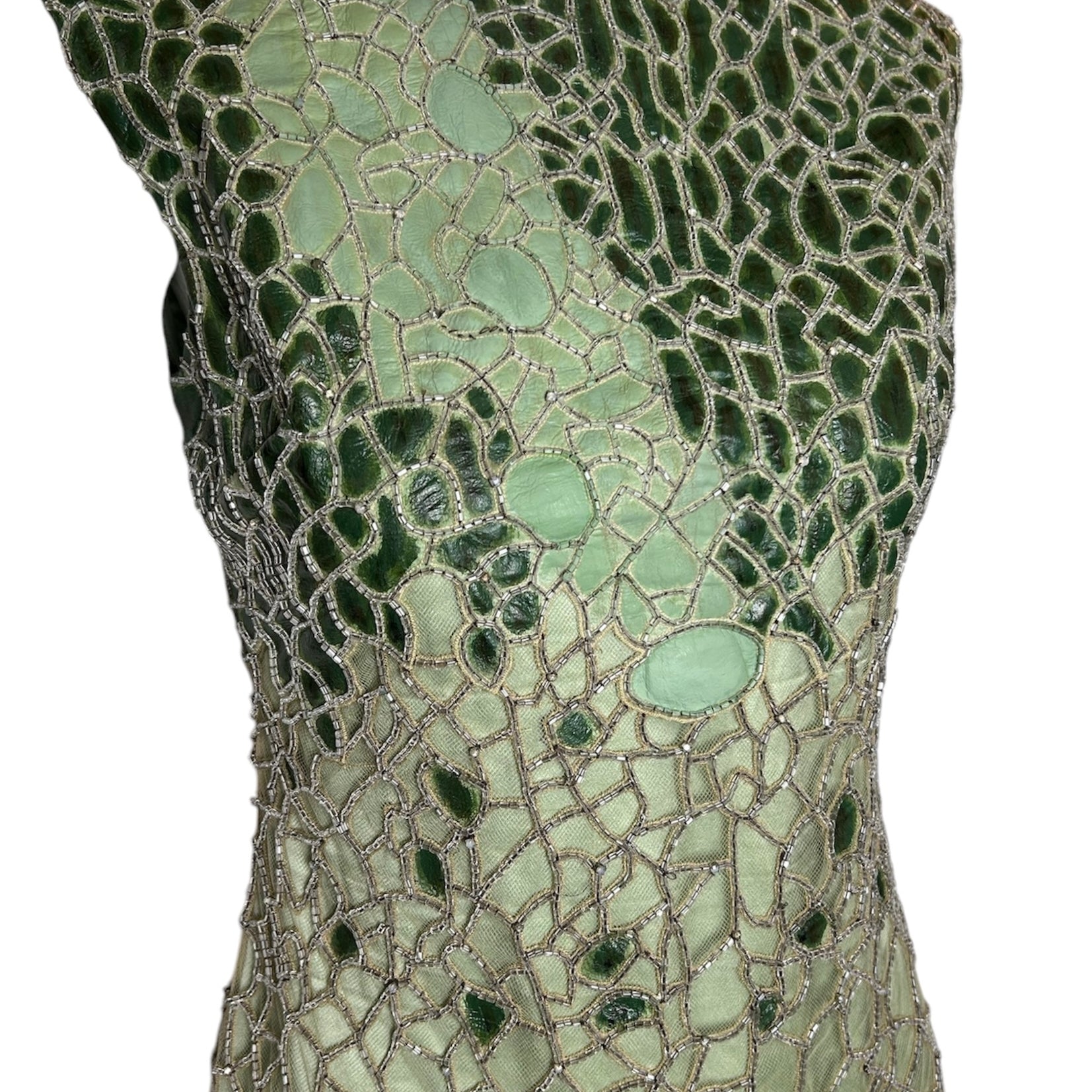 Lorena Sarbu Green Leather and Silk Beaded Mini Dress PROFILE PHOTO 2 OF 6