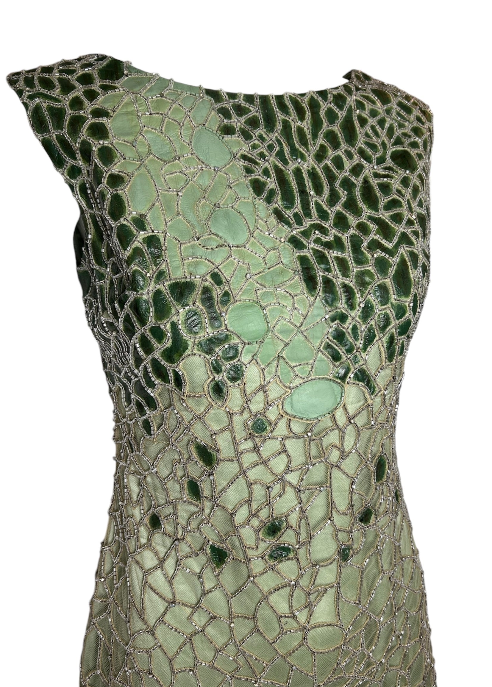 Lorena Sarbu Green Leather and Silk Beaded Mini Dress PROFILE PHOTO 2 OF 6