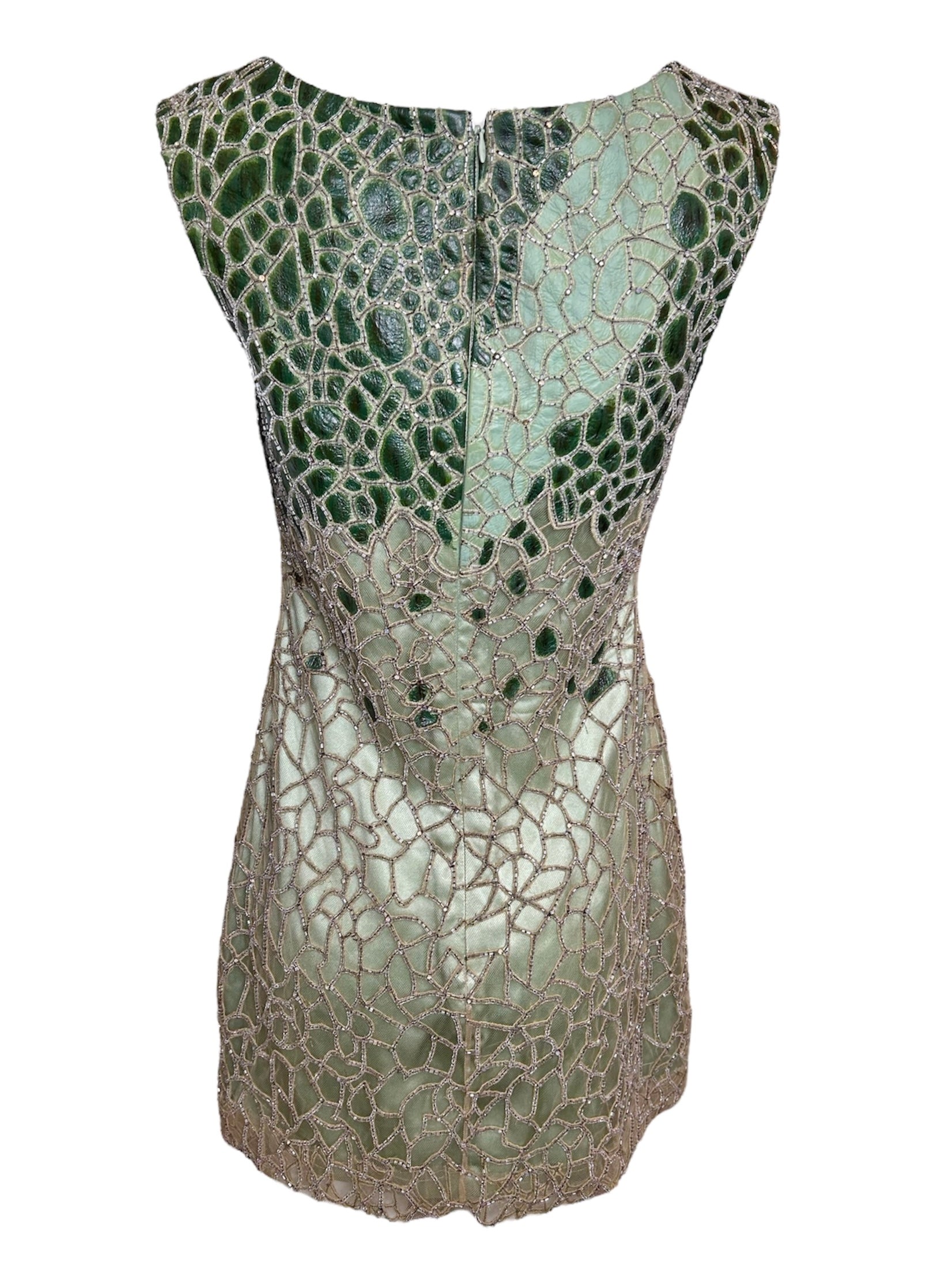 Lorena Sarbu Green Leather and Silk Beaded Mini Dress BACK PHOTO 4 OF 6