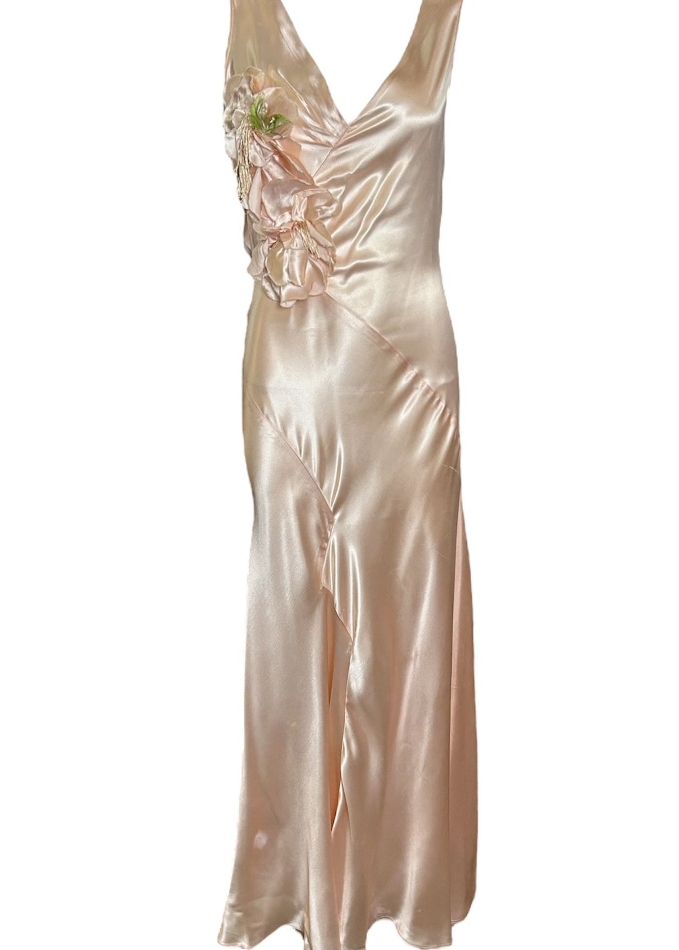 1930s Delicate Blush Silk Bias-Cut Gown with Floral Accent FRONT PHOTO 1 OF 7