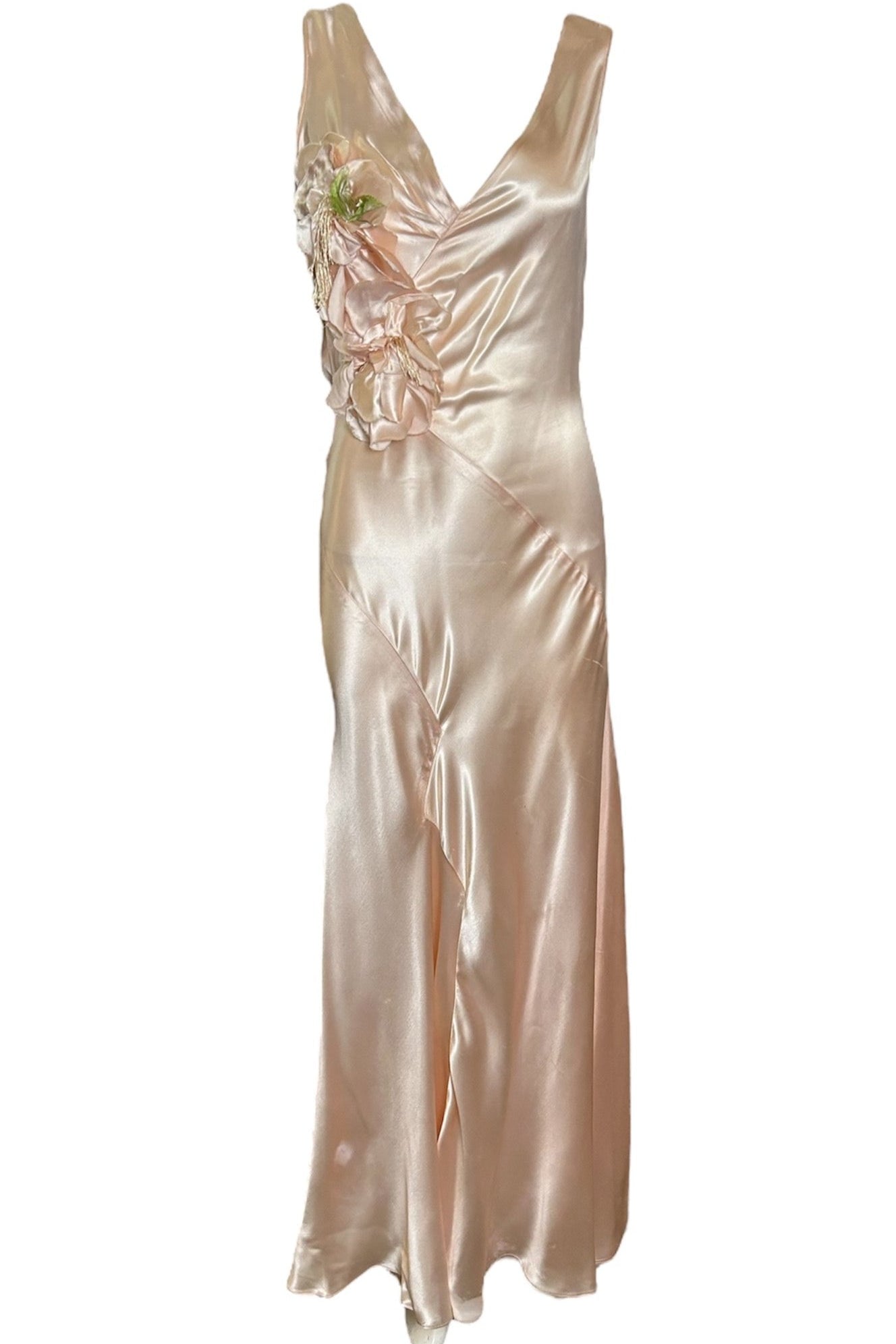1930's Blush Pink Satin Bias-Cut Gown with Floral Accent THE WAY WE WORE 1930's Blush Pink Satin Bias-Cut Gown with Floral Accent THE WAY WE WORE