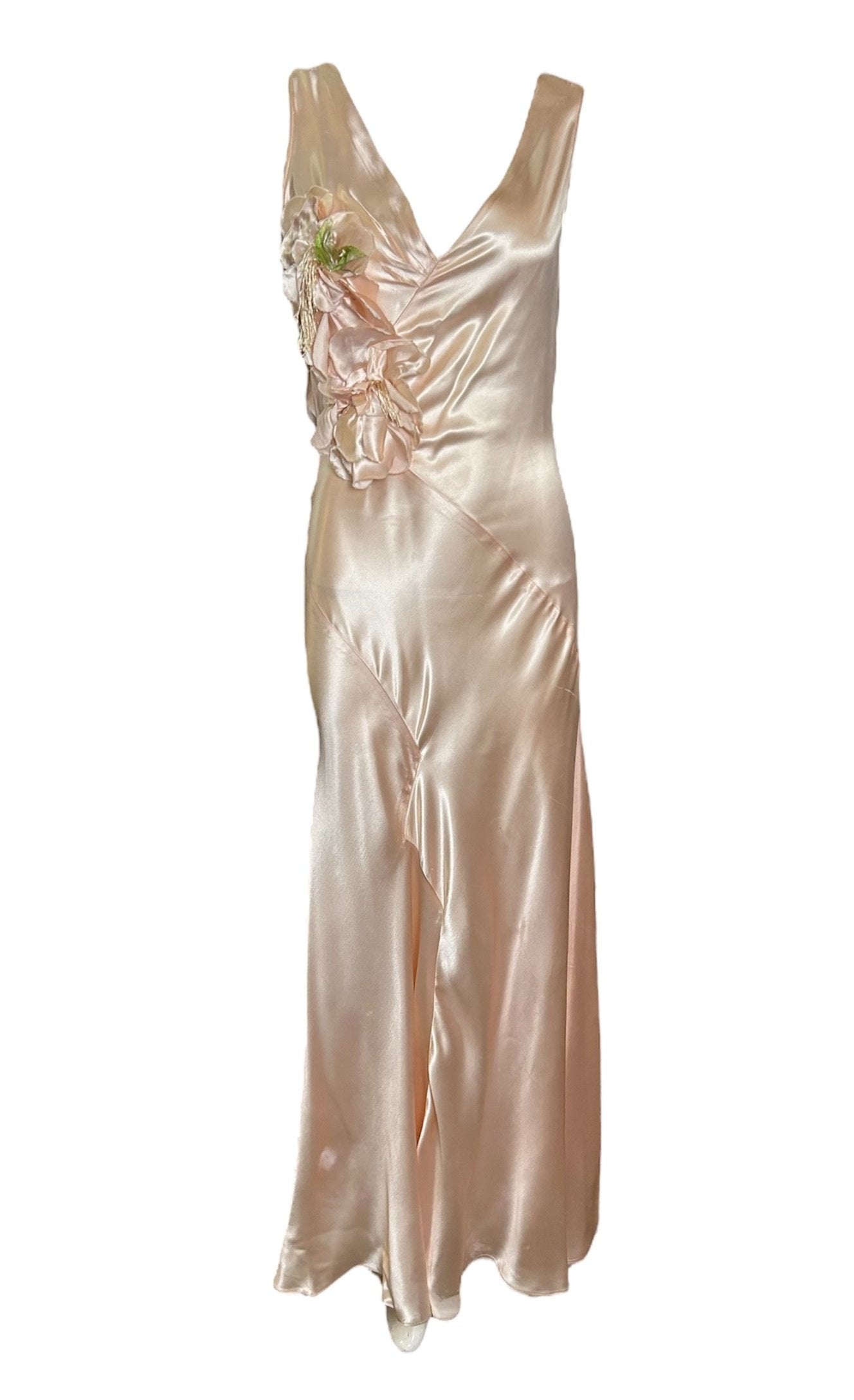 1930's Blush Pink Satin Bias-Cut Gown with Floral Accent THE WAY WE WORE 1930's Blush Pink Satin Bias-Cut Gown with Floral Accent THE WAY WE WORE