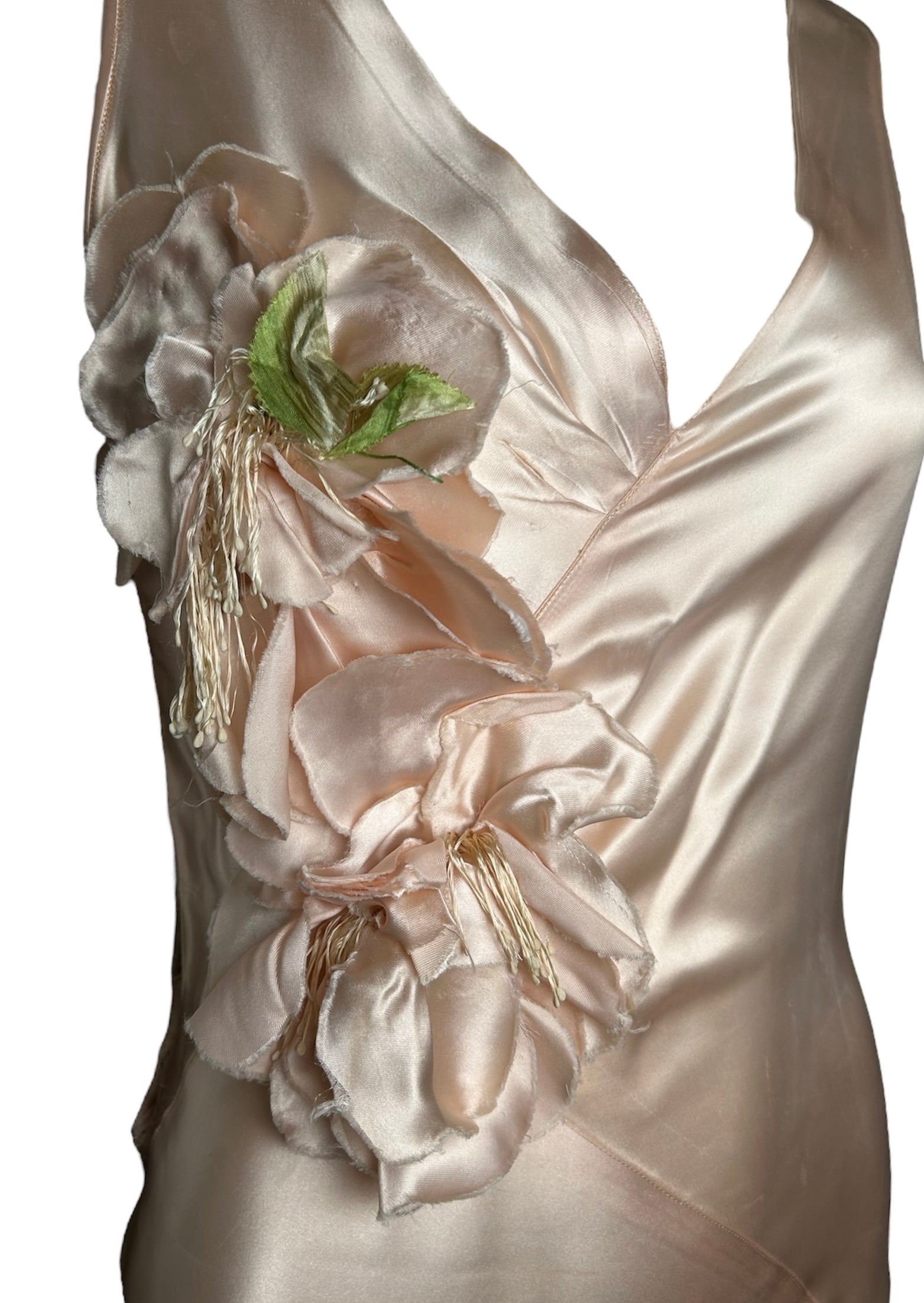 1930s Delicate Blush Silk Bias-Cut Gown with Floral Accent FLORAL DETAIL 3 OF 7