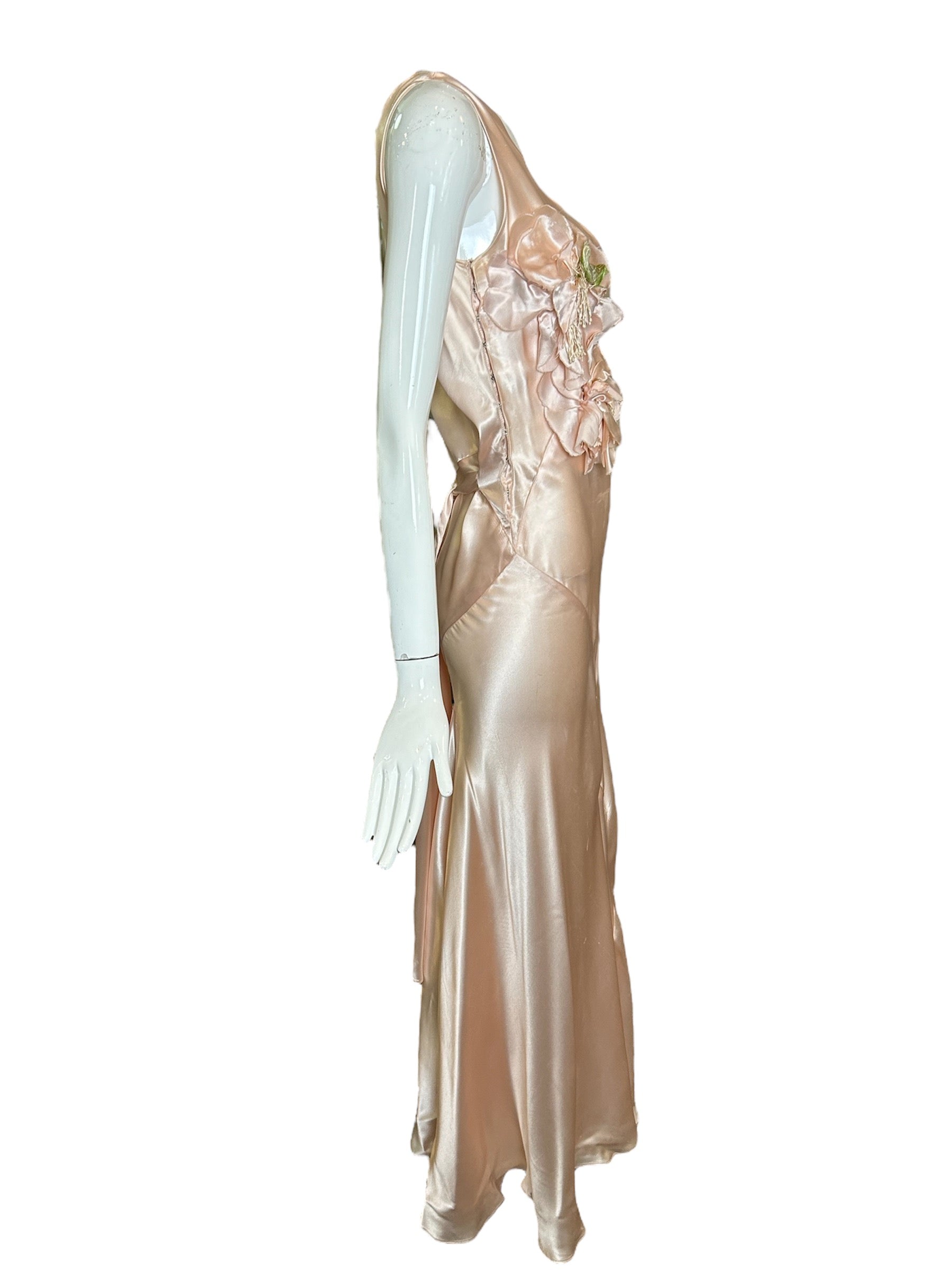 1930s Delicate Blush Silk Bias-Cut Gown with Floral Accent SIDE PHOTO 4 OF 7