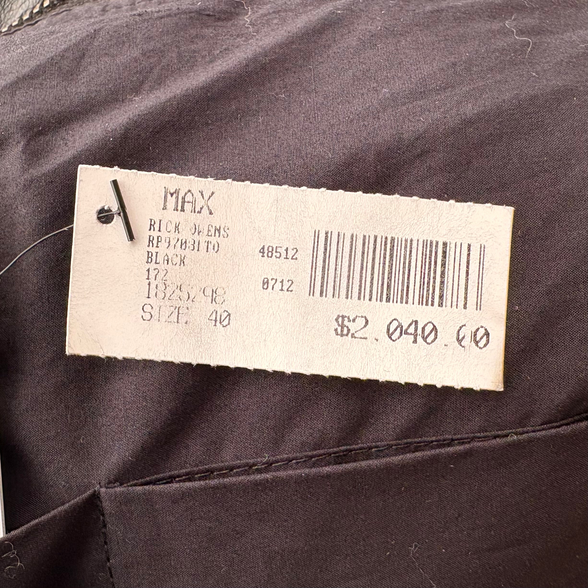 Rick Owens 2020s Black Lambskin Leather Moto Jacket, price tag