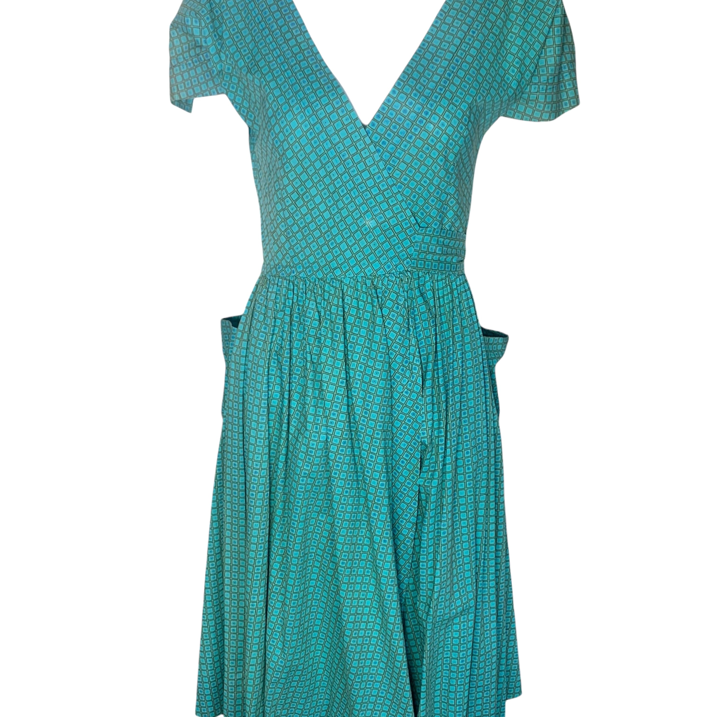 Bonnie Cashin 1940's Teal Blue Ditsy Floral Grid Print Wrap Dress