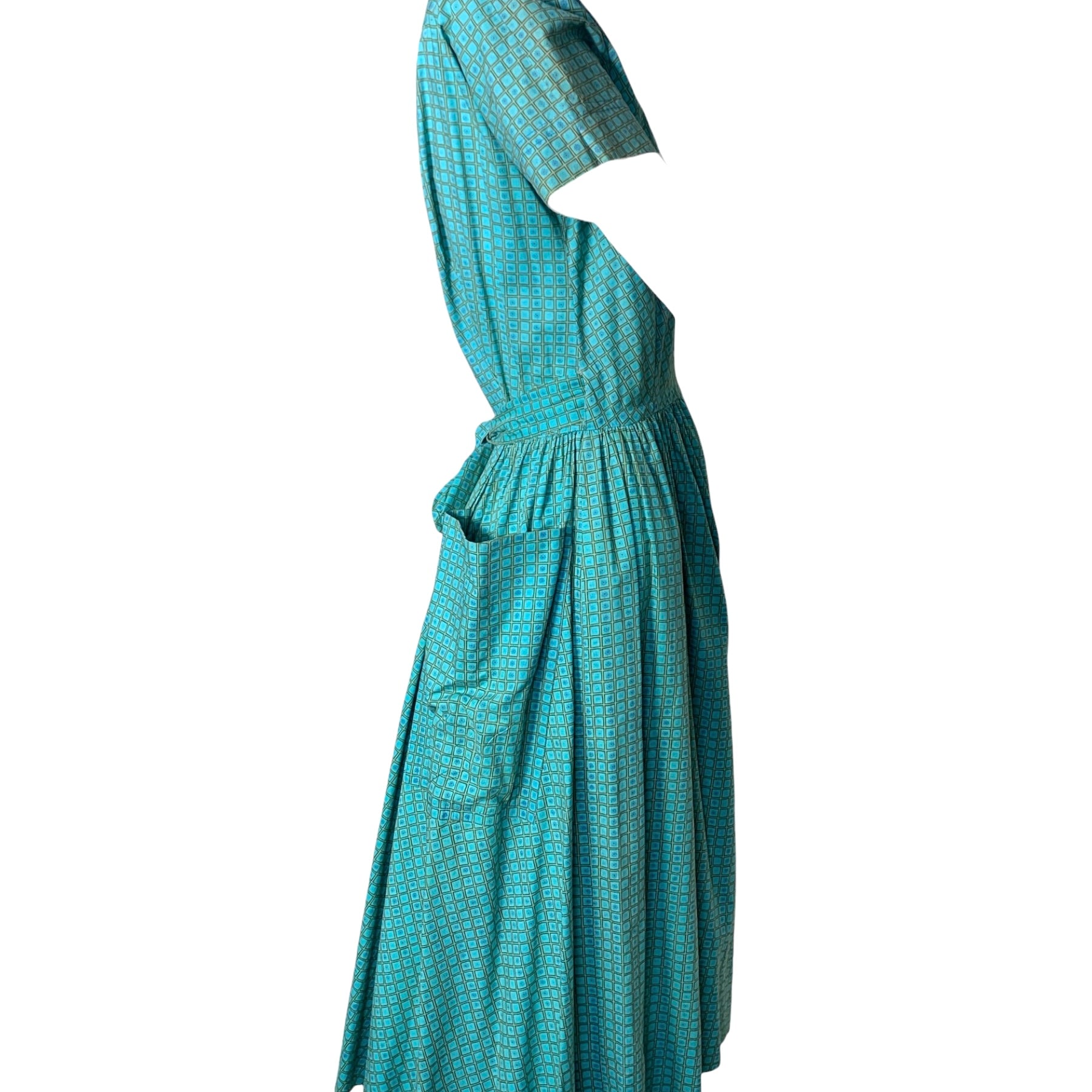 Bonnie Cashin 1940's Teal Blue Ditsy Floral Grid Print Wrap Dress, side