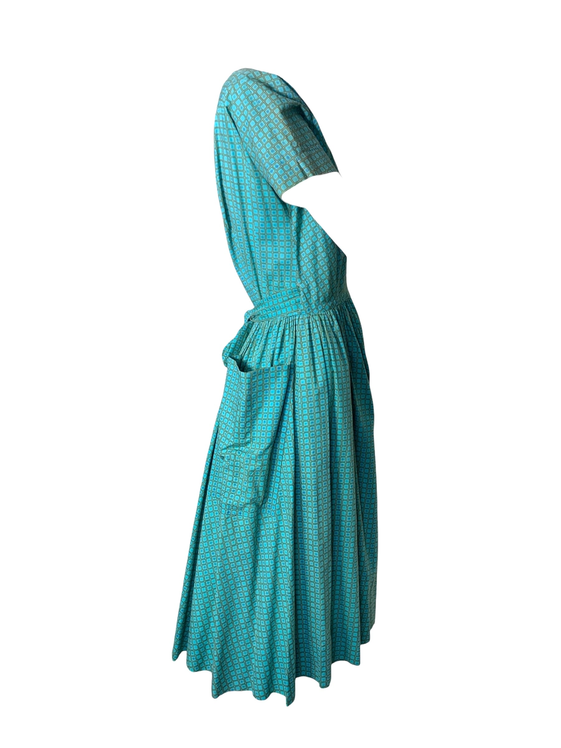 Bonnie Cashin 1940's Teal Blue Ditsy Floral Grid Print Wrap Dress, side