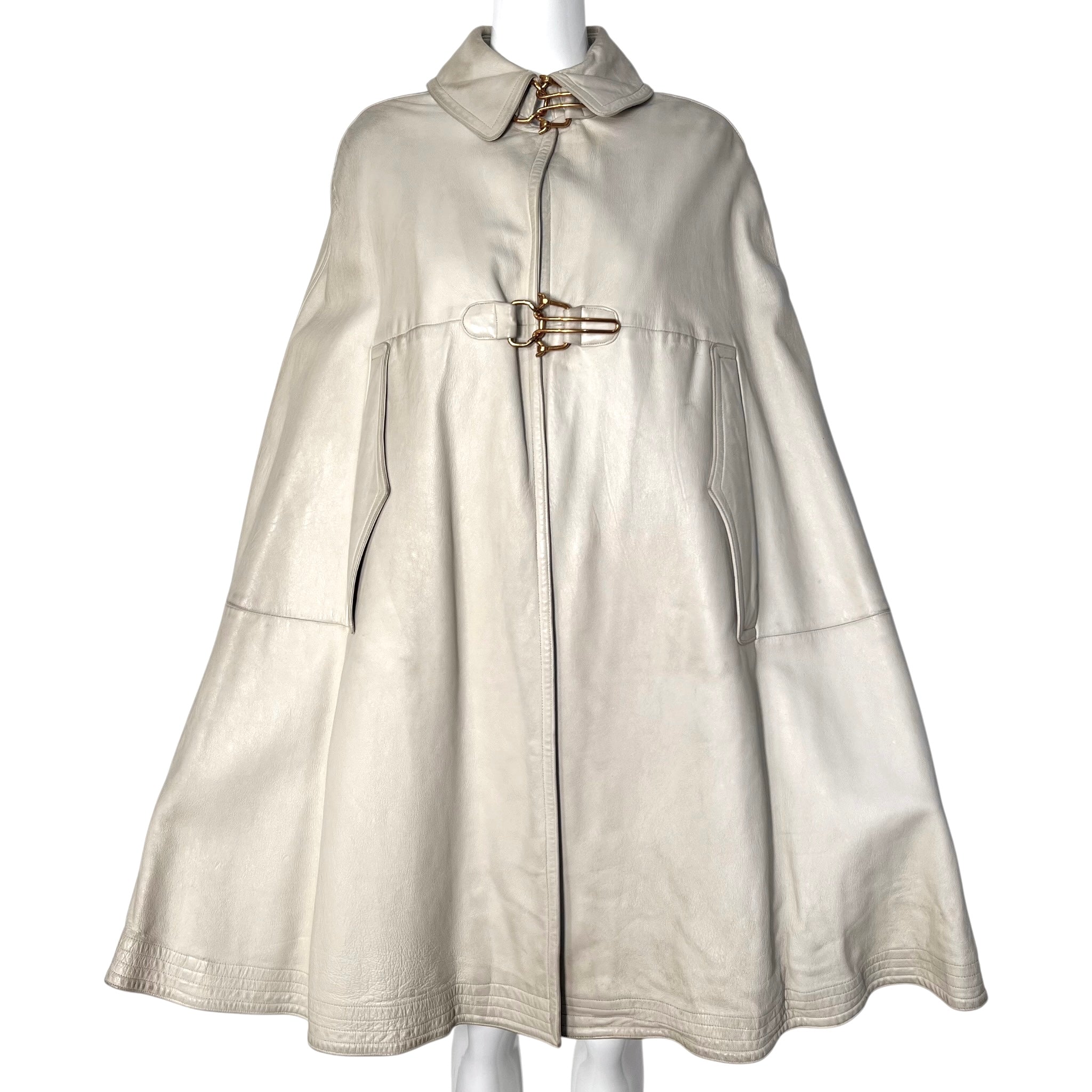 Bonnie Cashin for Sills Late Late 1960's Taupe Beige Leather Cape with Brass Hardware, 2