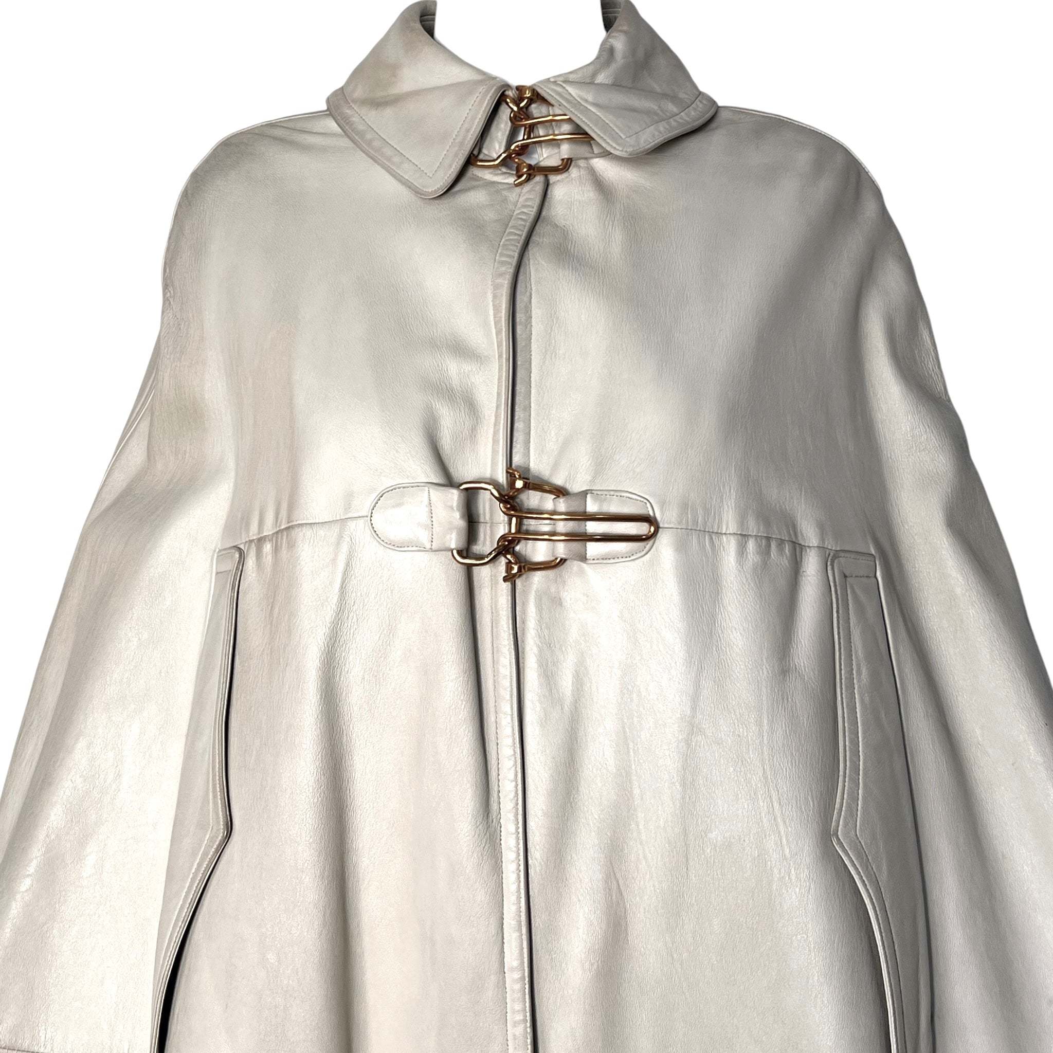 Bonnie Cashin for Sills Late Late 1960's Taupe Beige Leather Cape with Brass Hardware, top