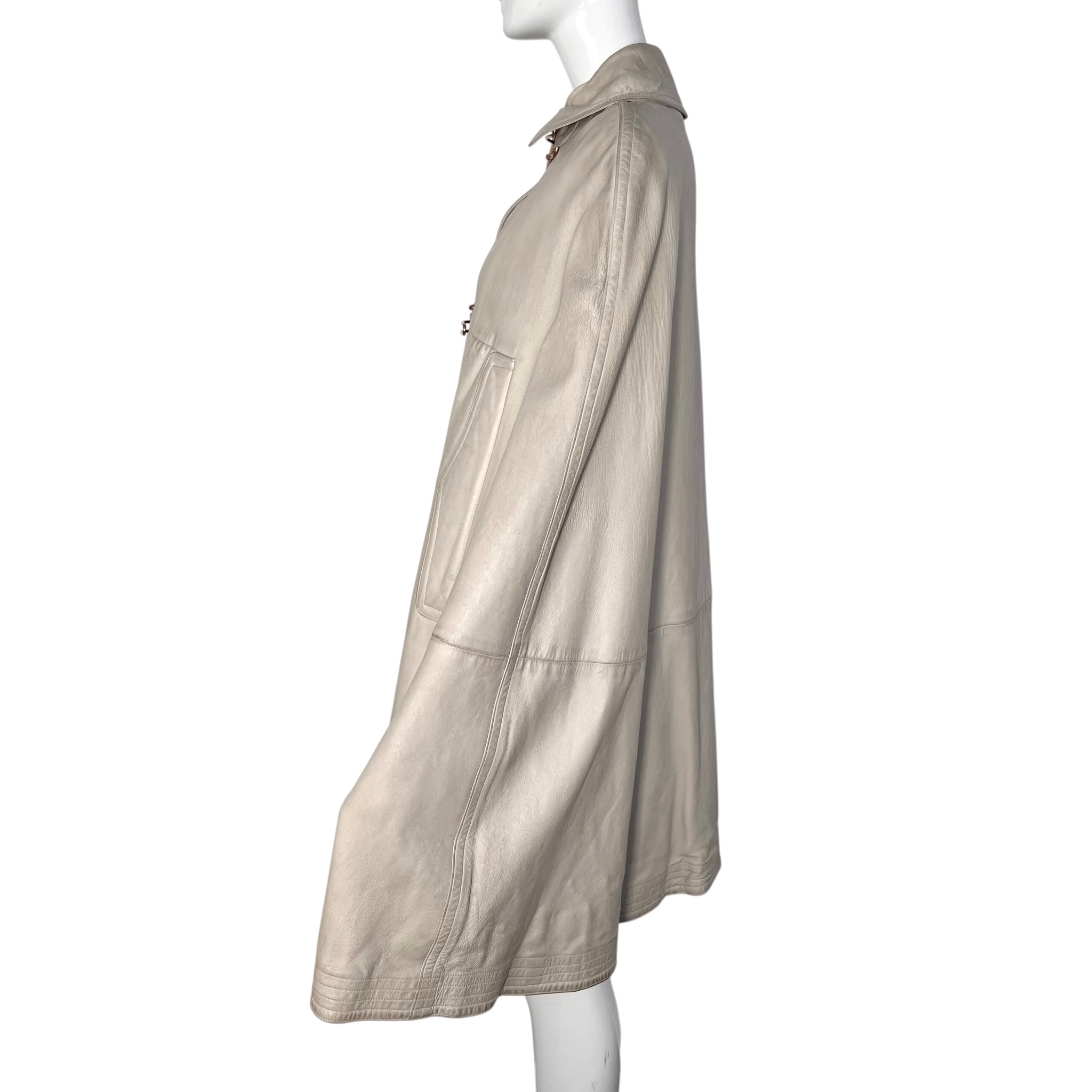 Bonnie Cashin for Sills Late Late 1960's Taupe Beige Leather Cape with Brass Hardware, side