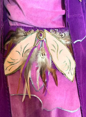  Mara Abboud Purple Suede Hand Painted Feather '80s 4 Piece Ensembl/ detail of belt 