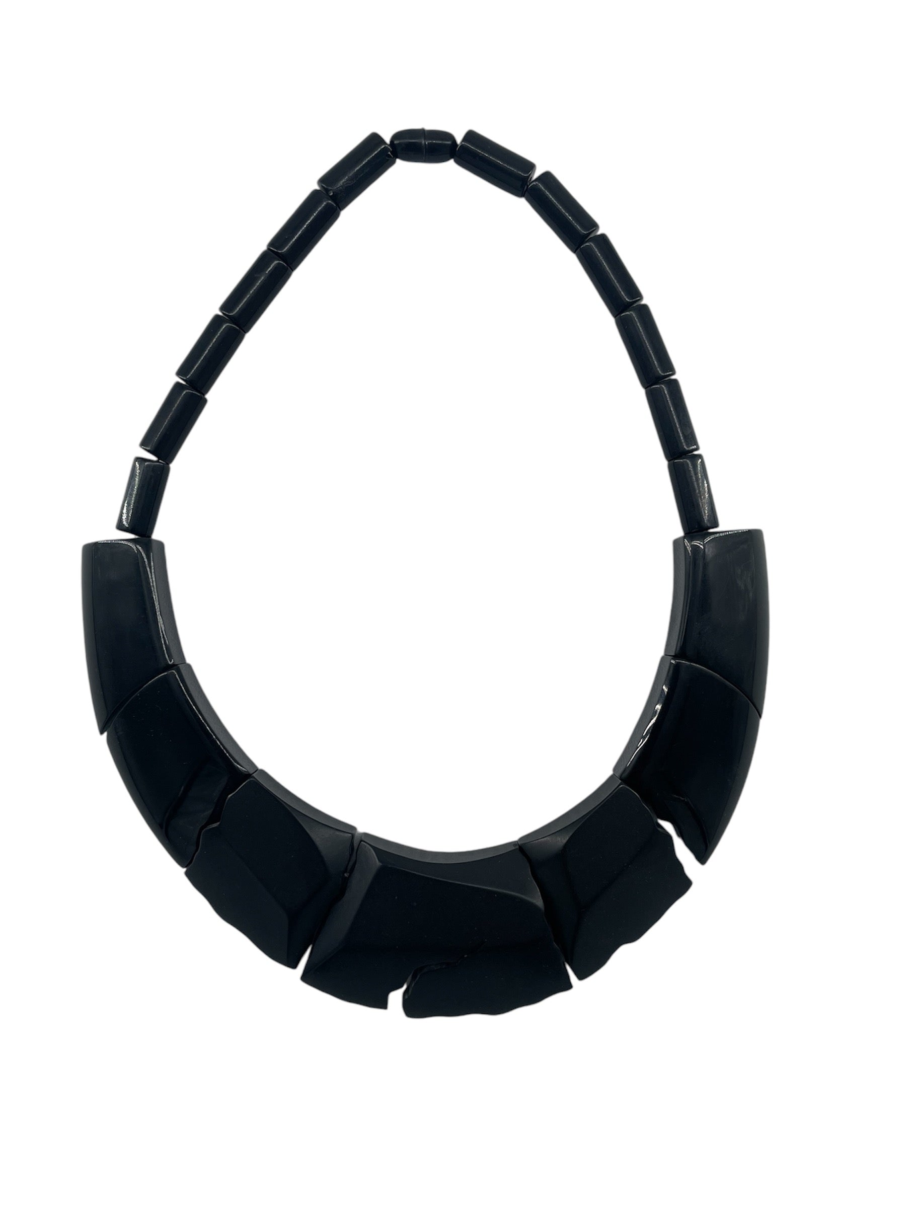 Guillemette L'Hoir 80s Hand Crafted Black "Cracked” Galalith Necklace FRONT PHOTO 2 OF 3