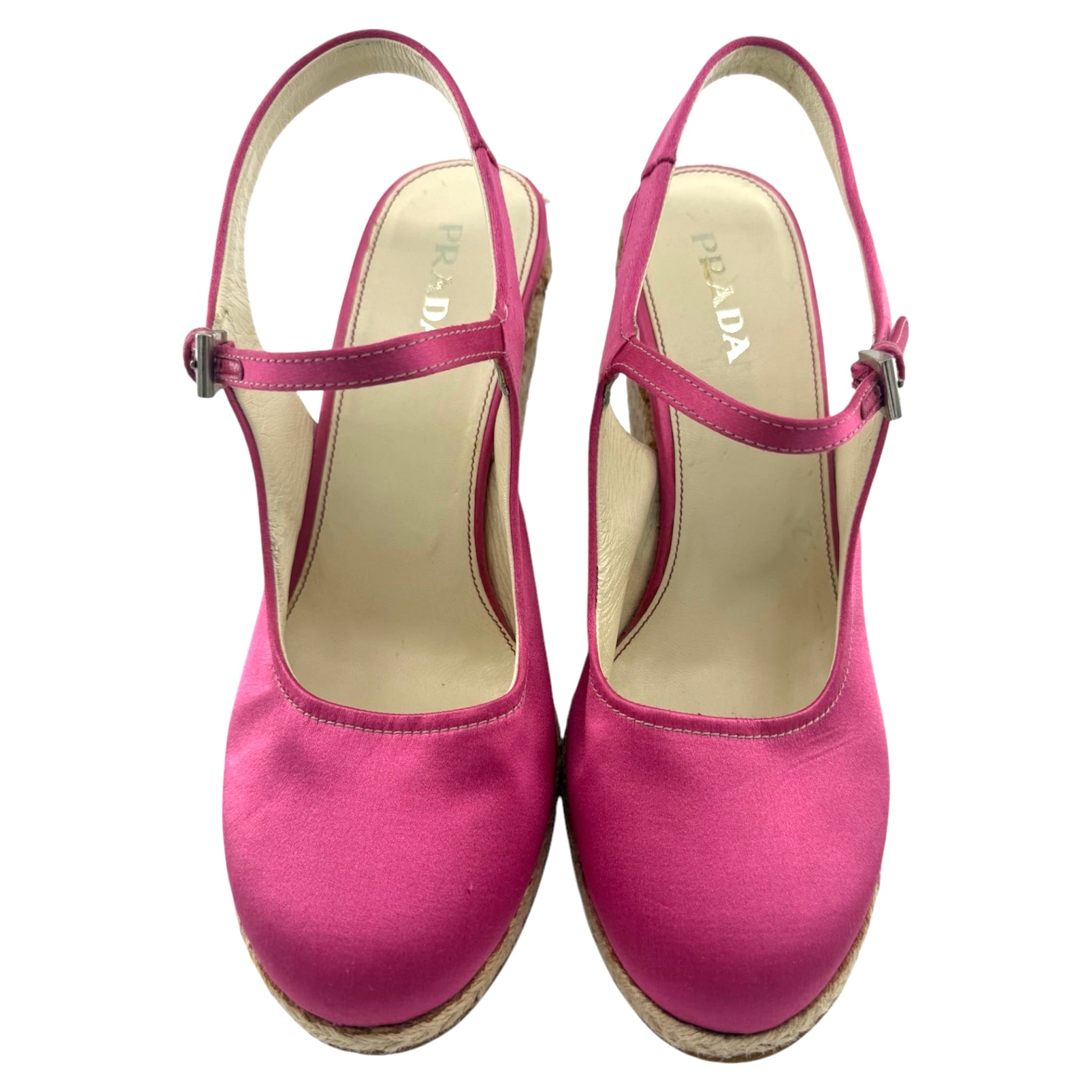 PRADA 2000's Peony Pink Satin Mary Jane Platform Sling Back Espadrilles, 40 New/Old, front