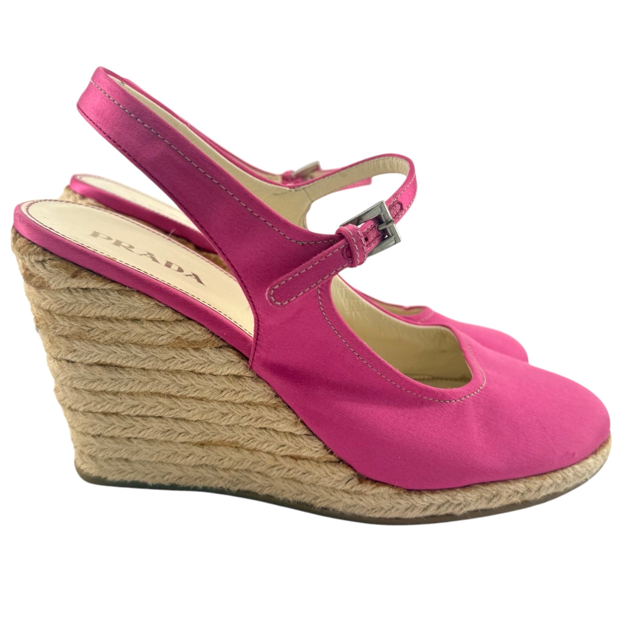 PRADA 2000's Peony Pink Satin Mary Jane Platform Sling Back Espadrilles, 40 New/Old