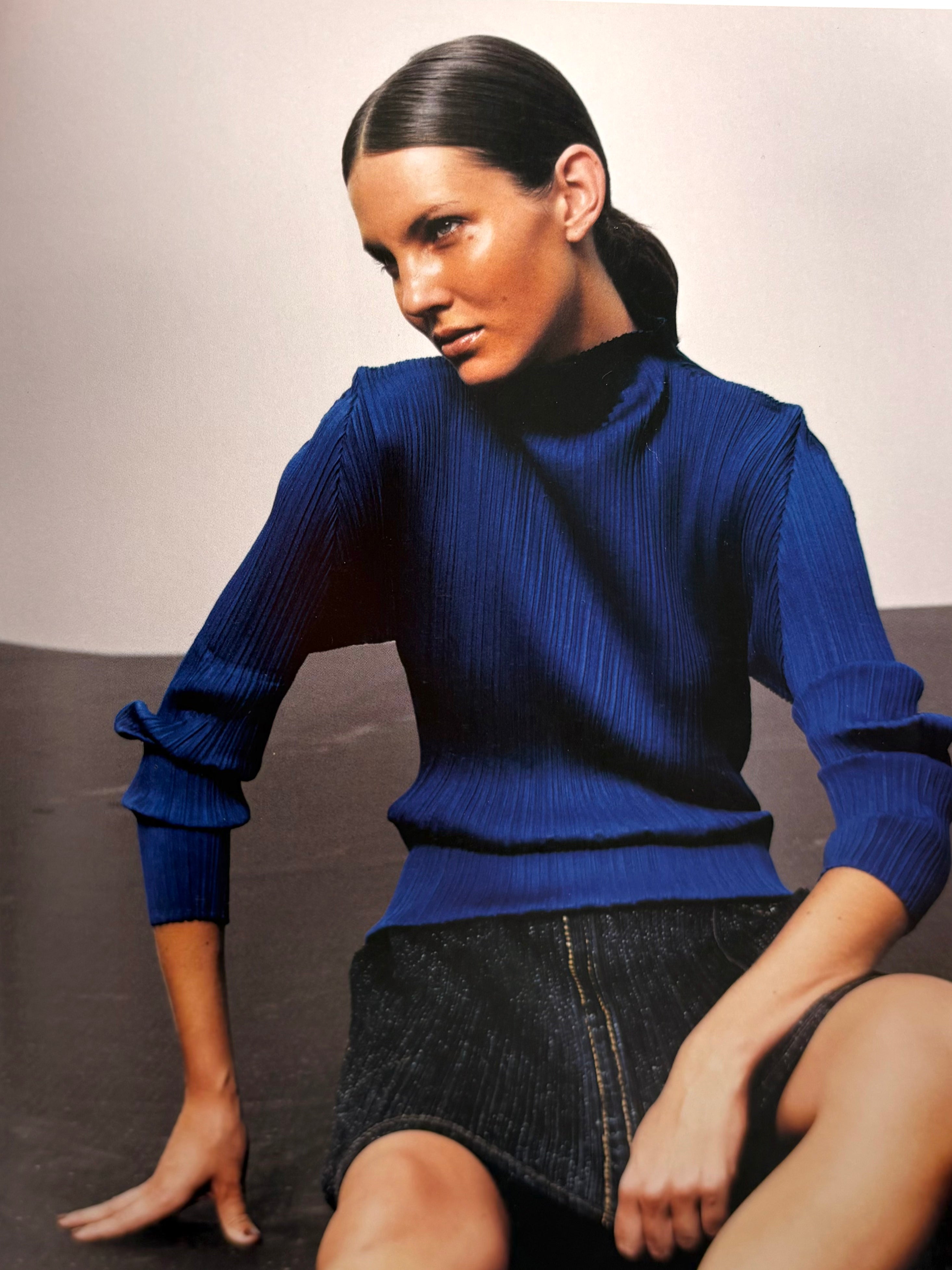 Issey Miyake F/W 1999 Cobalt Blue Pleated Funnel Neck Blouse, ad