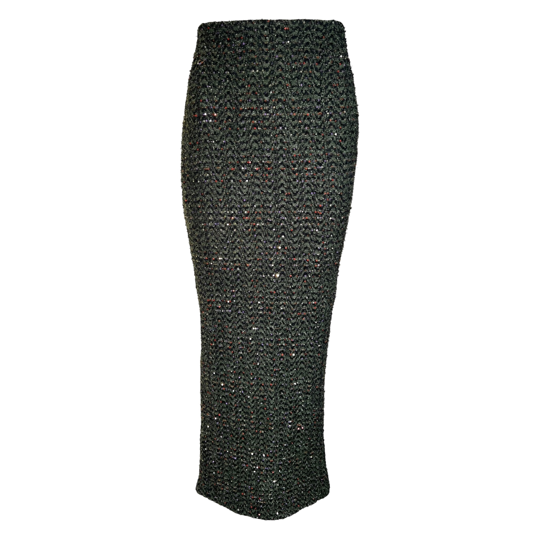 Haider Ackerman 2020s Olive & Black Sequined Herringbone Tweed Maxi Skirt