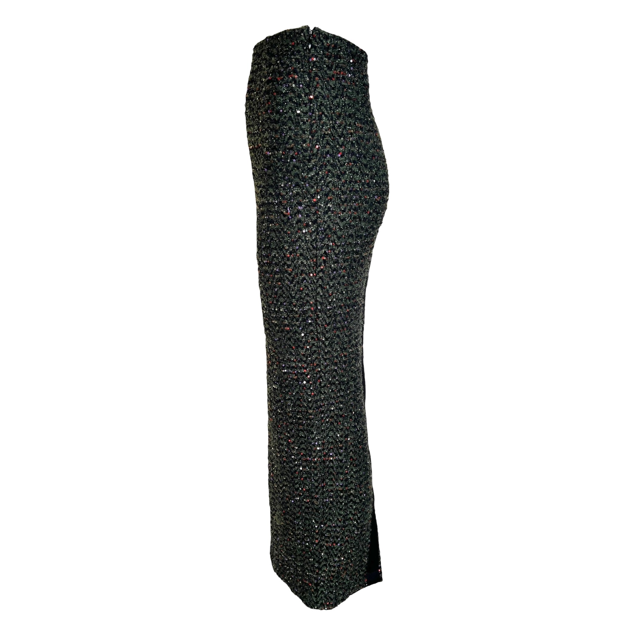 Haider Ackerman 2020s Olive & Black Sequined Herringbone Tweed Maxi Skirt, side