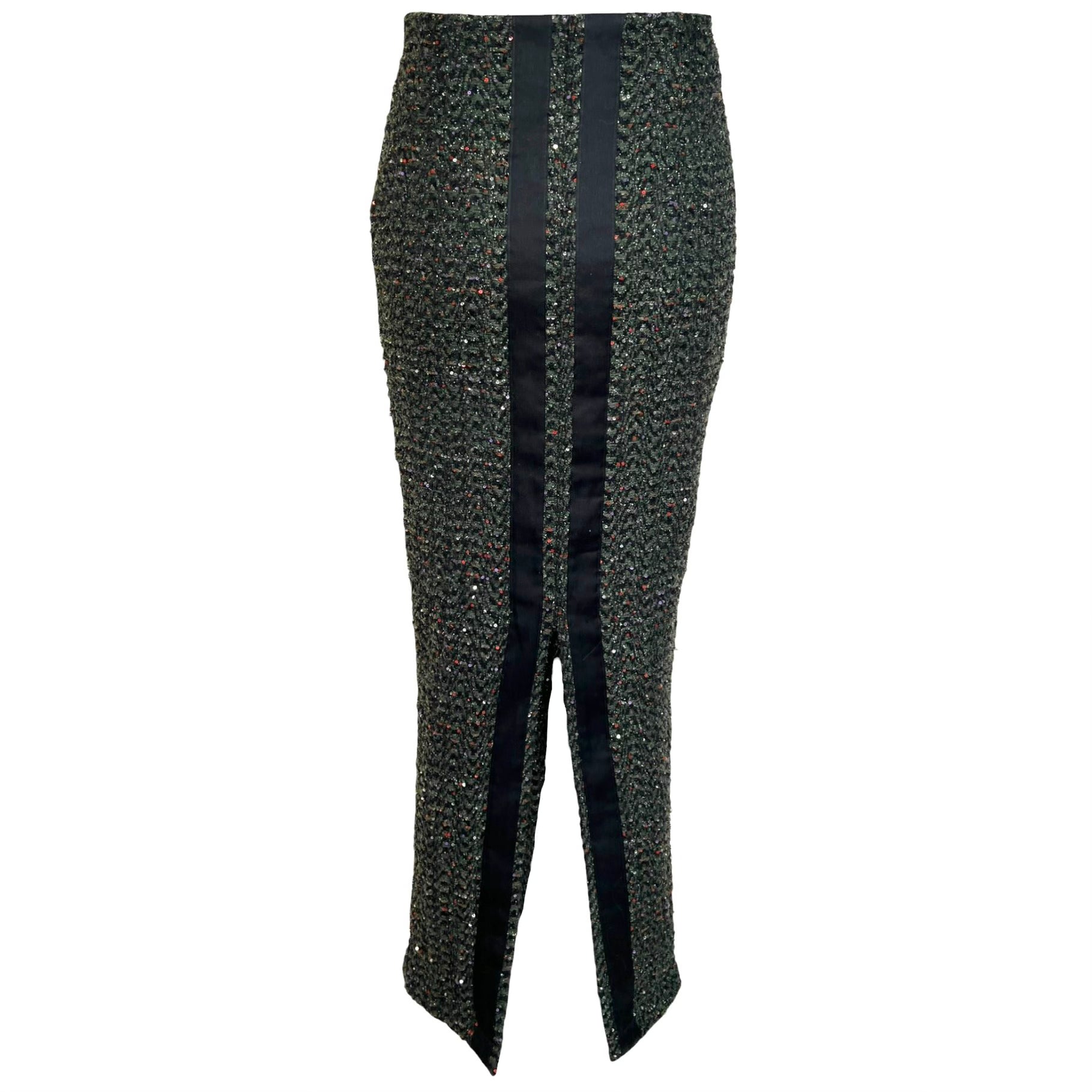 Haider Ackerman 2020s Olive & Black Sequined Herringbone Tweed Maxi Skirt, back