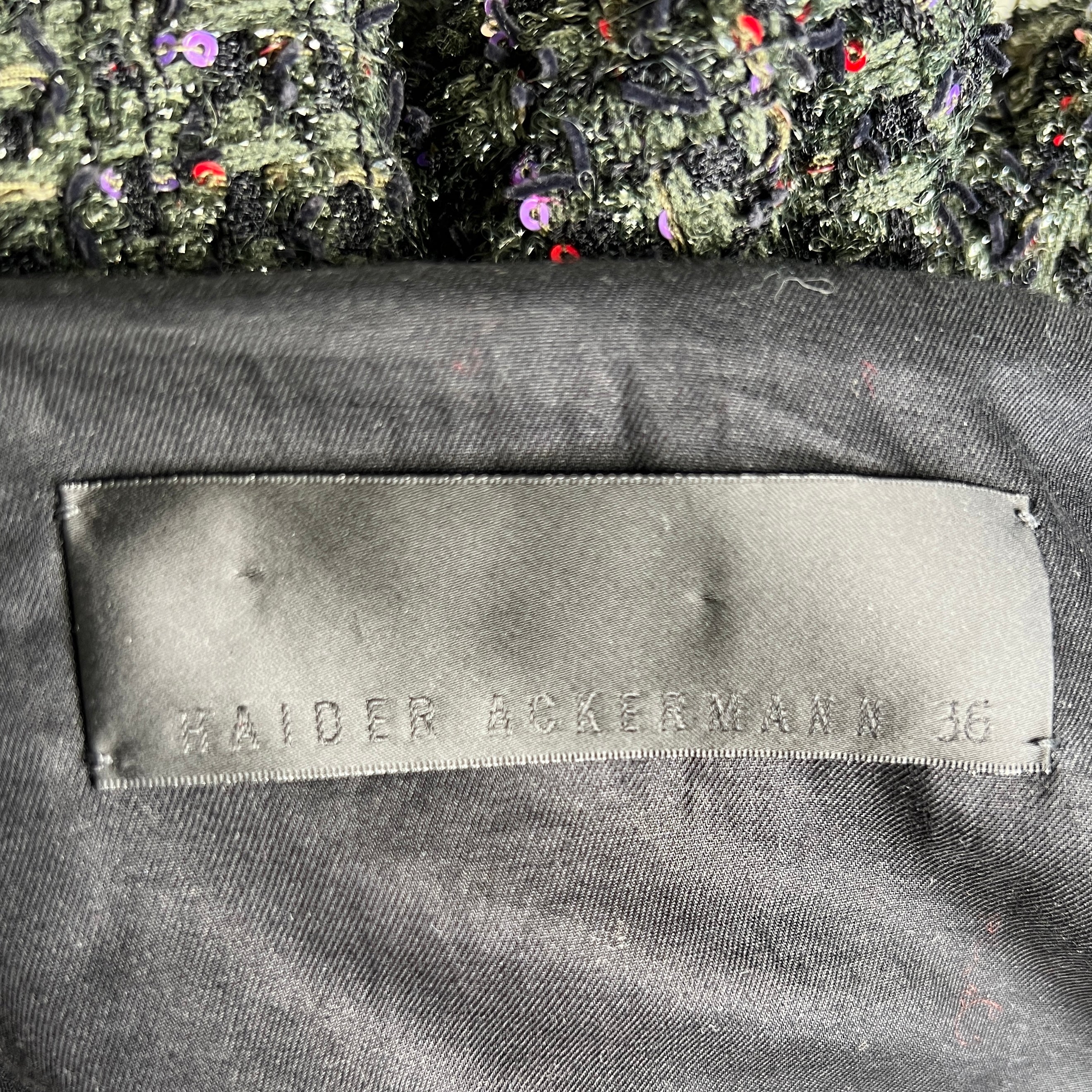 Haider Ackerman 2020s Olive & Black Sequined Herringbone Tweed Maxi Skirt, label