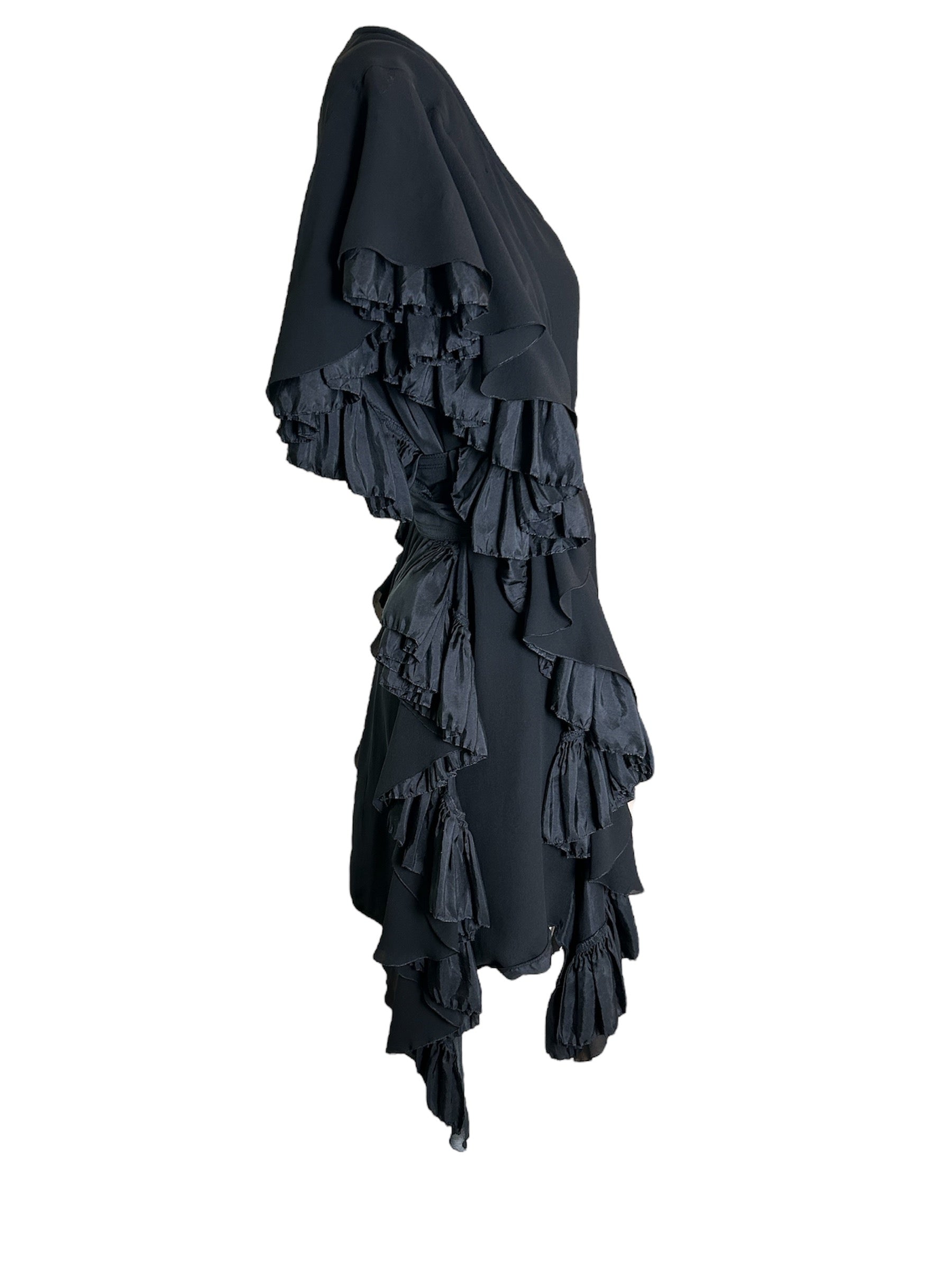Robert Normand Early 2000s Avant-Garde Ruffle Black Belted Dress Robert Normand Early 2000s Avant-Garde Ruffle Black Belted Dress