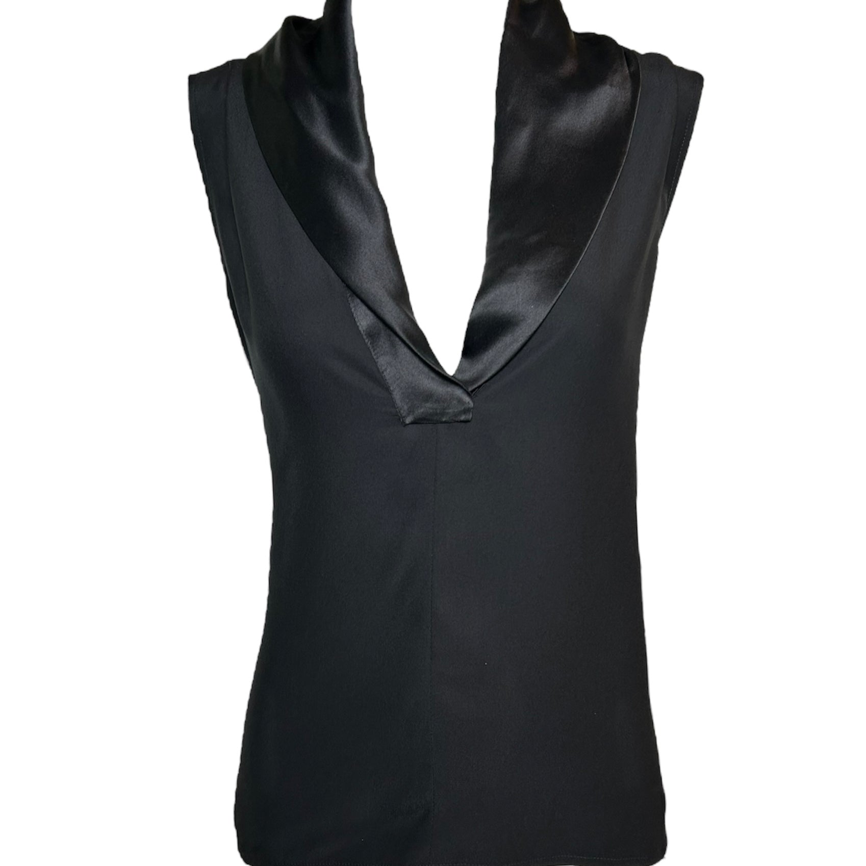 Chanel Black Silk Low V-Neck Sleeveless Blouse FRONT PHOTO 1 OF 6