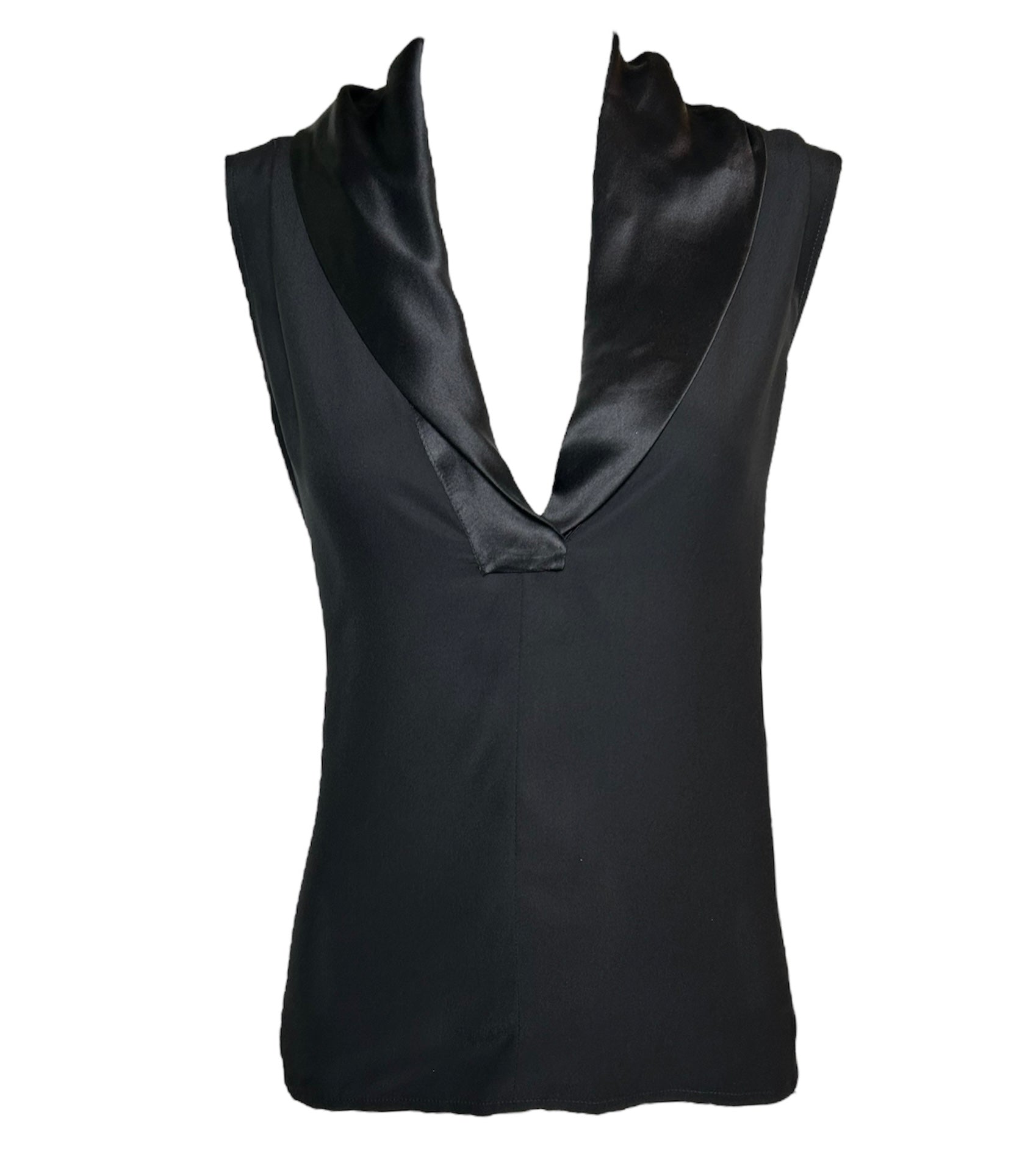 Chanel Black Silk Low V-Neck Sleeveless Blouse FRONT PHOTO 1 OF 6