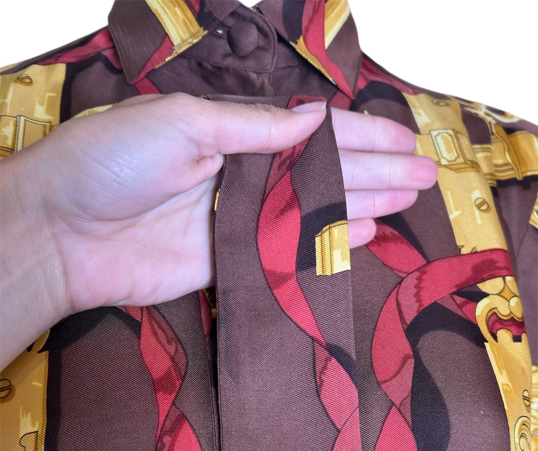 Hermes Golden Trinket and Red Ribbon Print Blouse w/ Tie TIE DISCOLORATION ON LEFT SIDE 7 OF 8