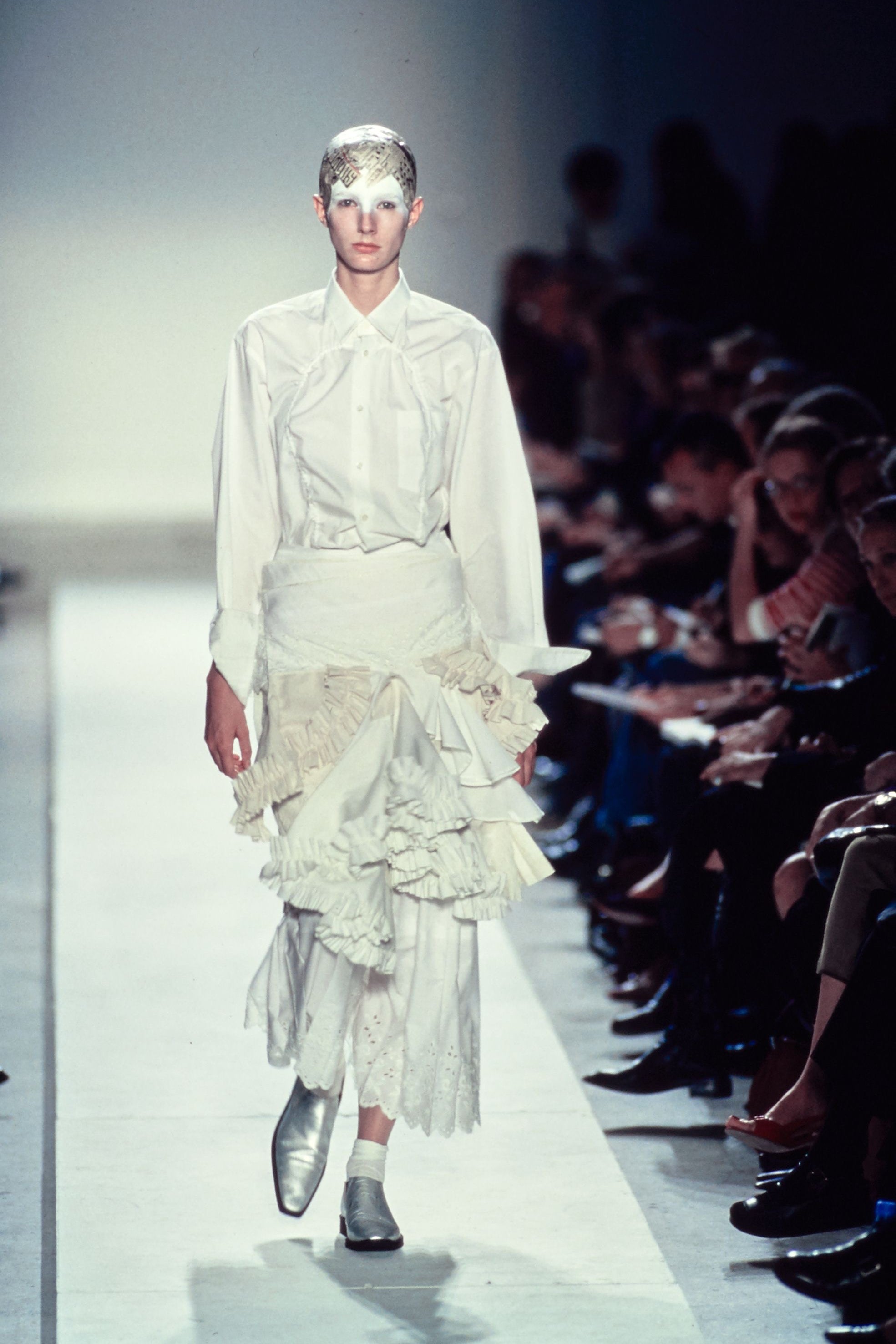Comme des Garçons S/S 2002 Cream and White Layered Ruffled Buckle Wrap Skirt, runway
