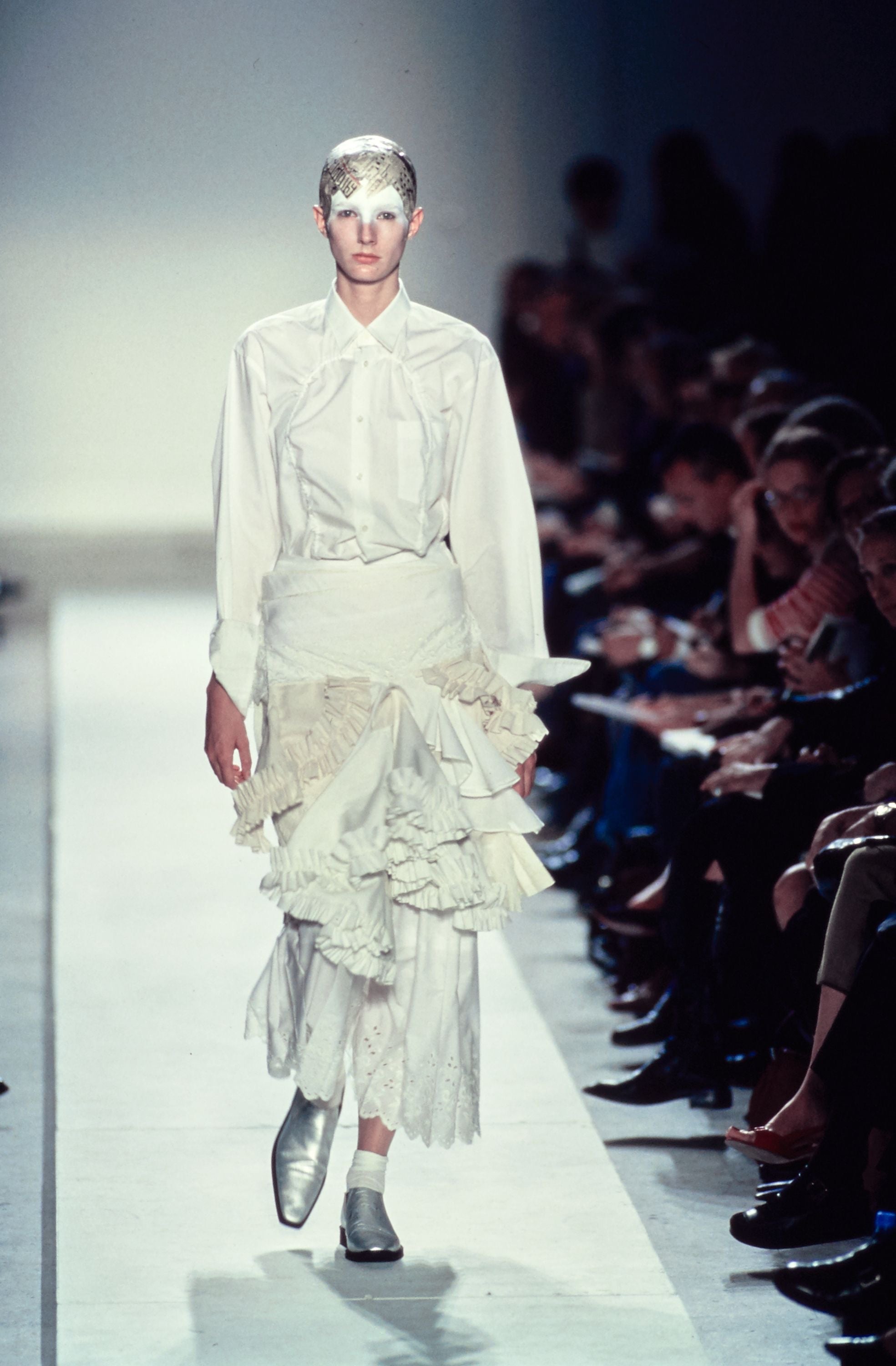 Comme des Garçons S/S 2002 Cream and White Layered Ruffled Buckle Wrap Skirt, runway