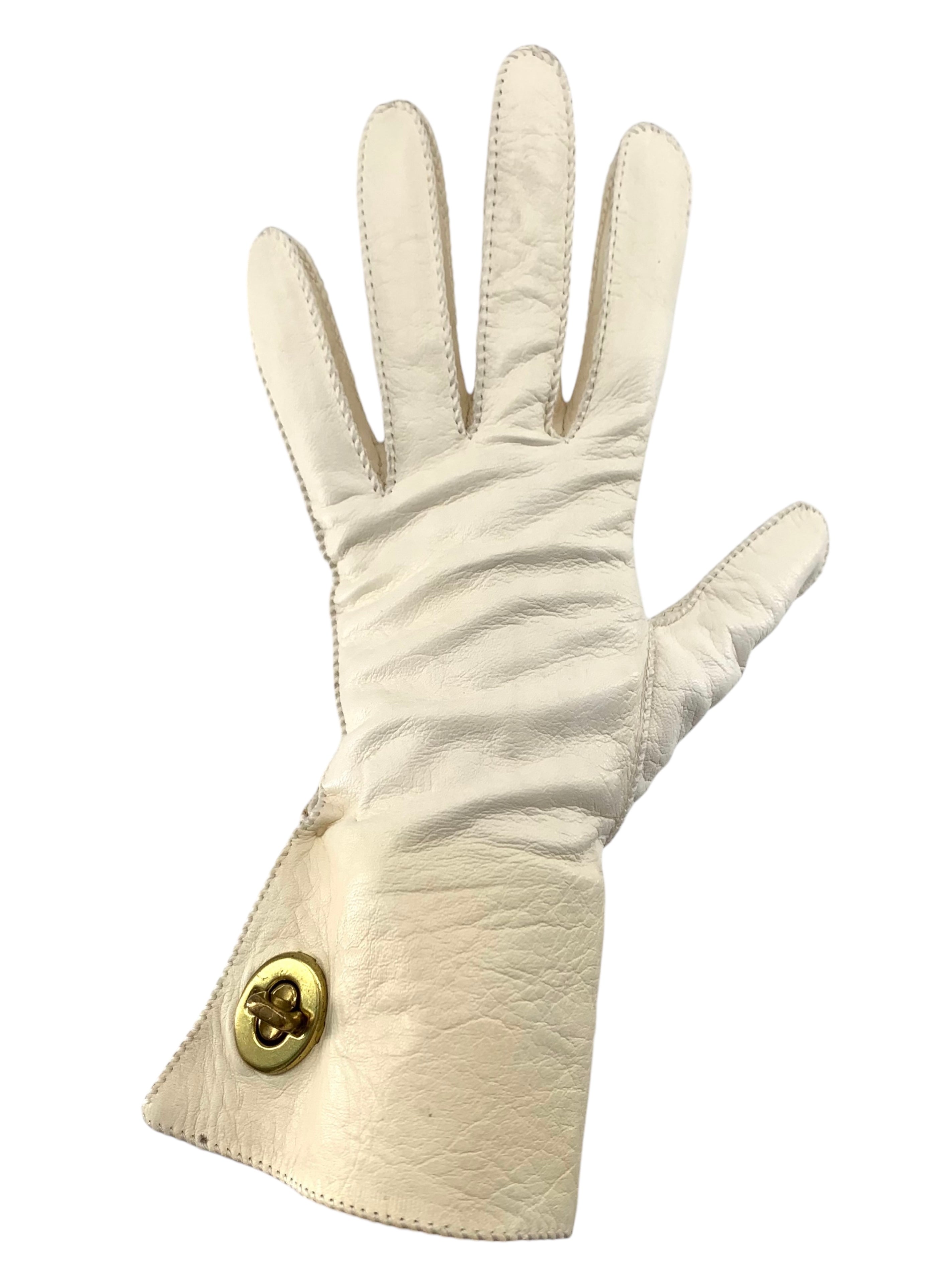 Bonnie Cashin 60s Cream Leather Gloves with Brass Turn-Lock Hardware, NWT LEFT HAND 1/13